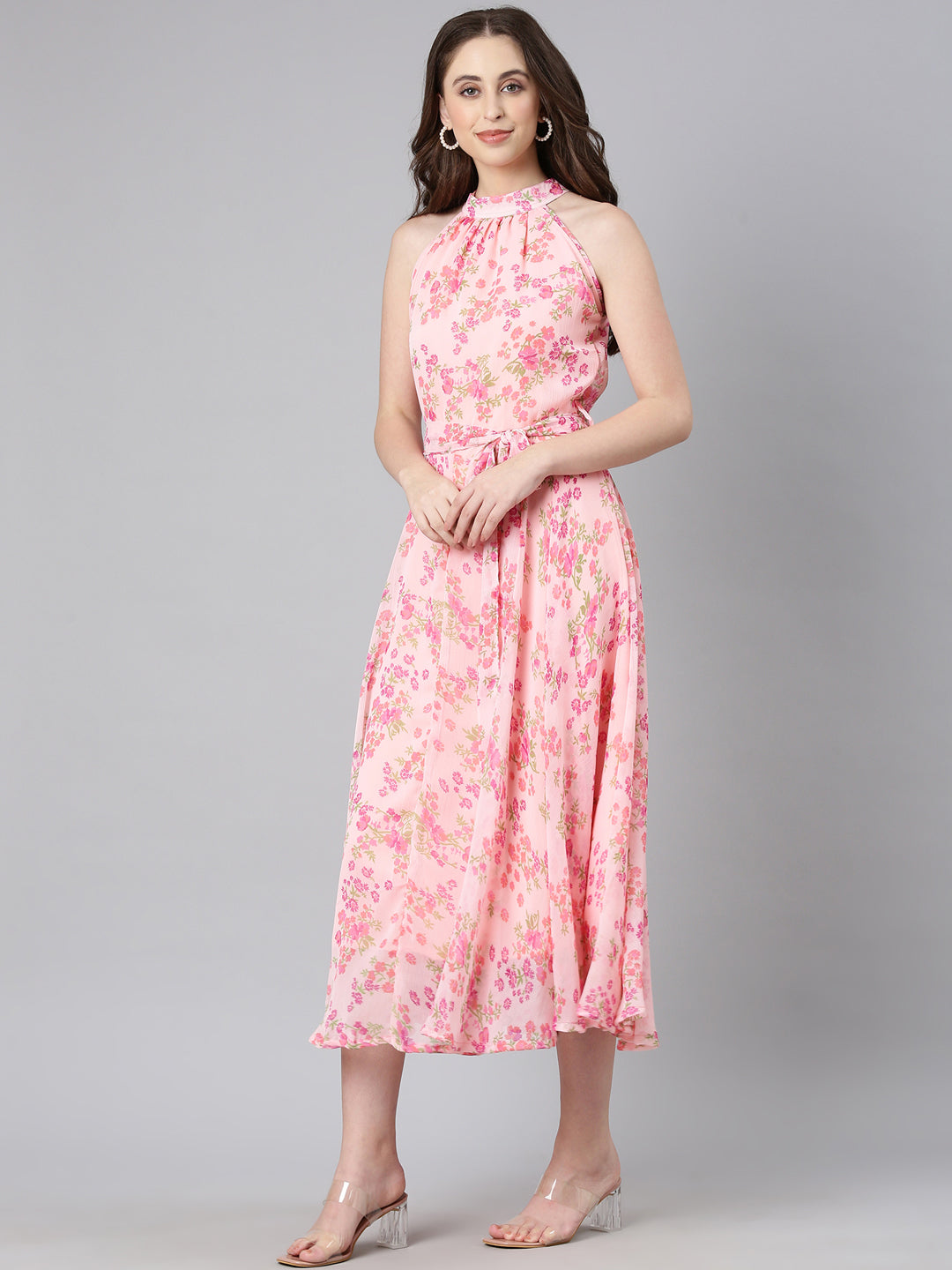 Women Pink Floral Chiffon Dress