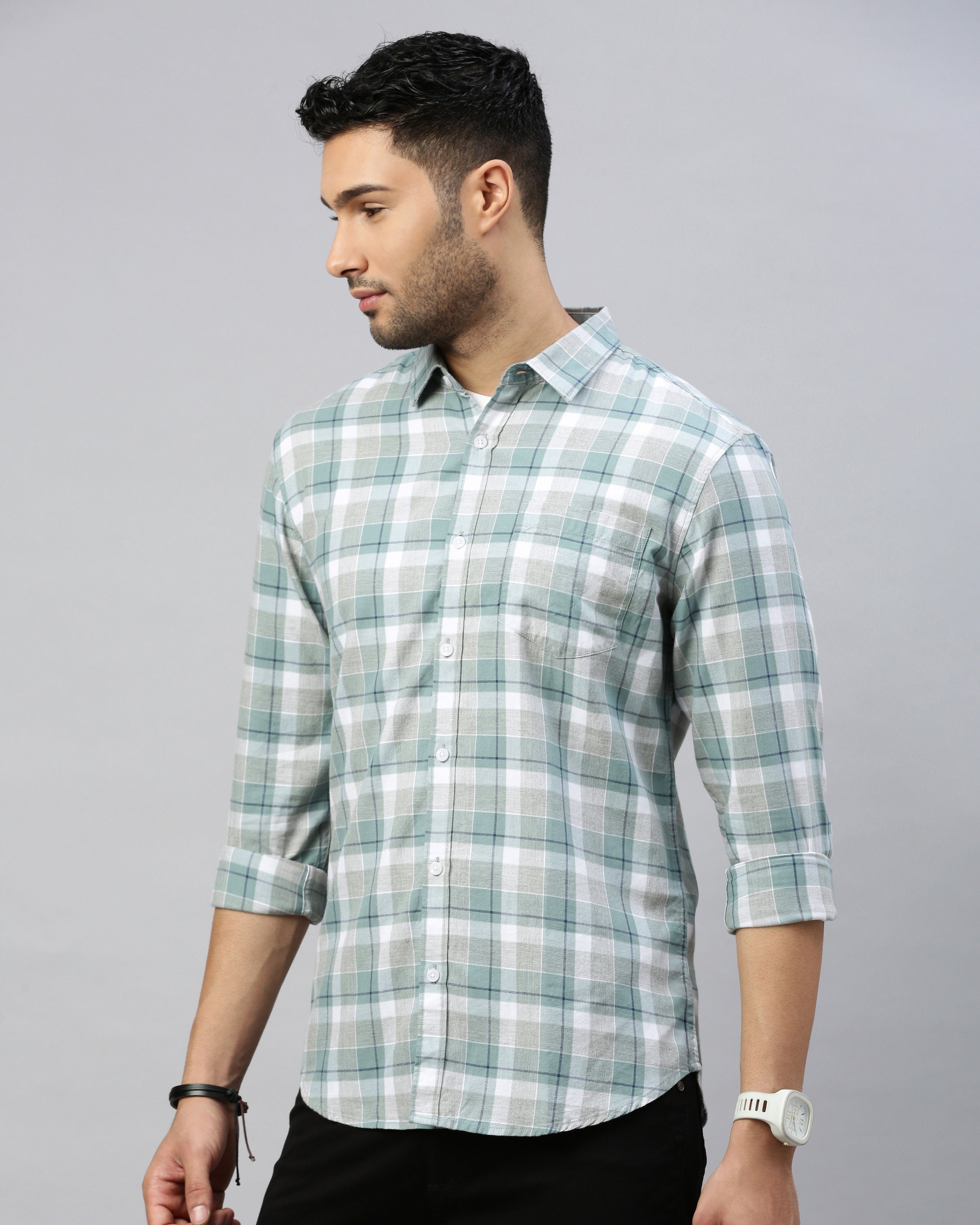 Men Green Cotton Slim Shirt