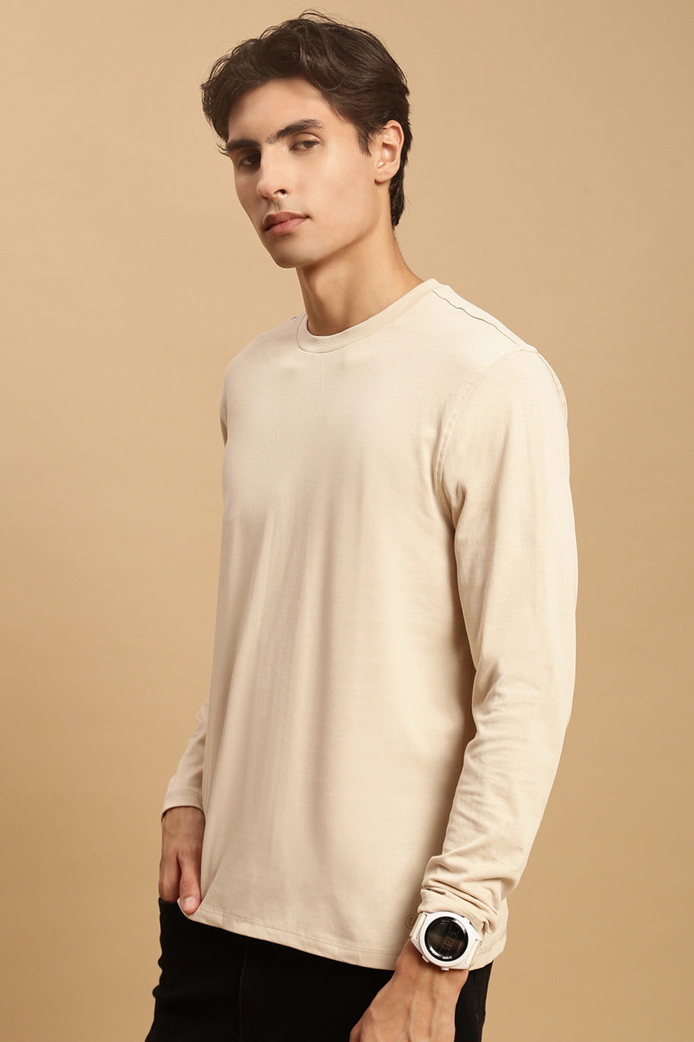 Men Beige Full Sleeve T-Shirt