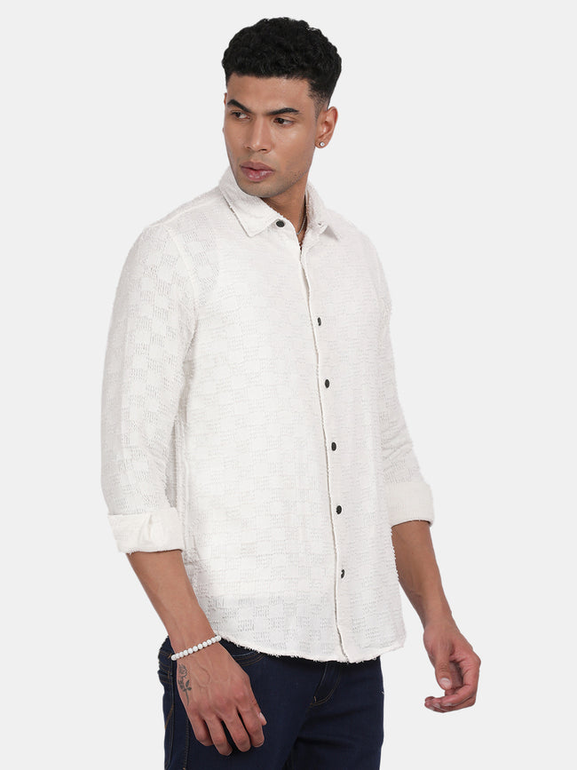Men White Slim Fit Spread Collar Full Sleeve Casual Shirt
