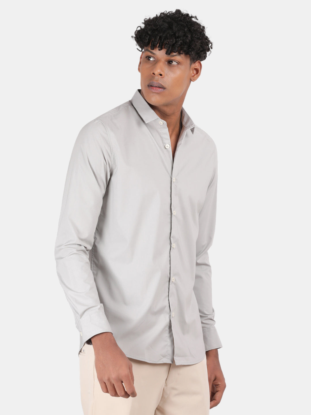 Men Silver Slim Fit Spread Collar Full Sleeve Casual Shirt