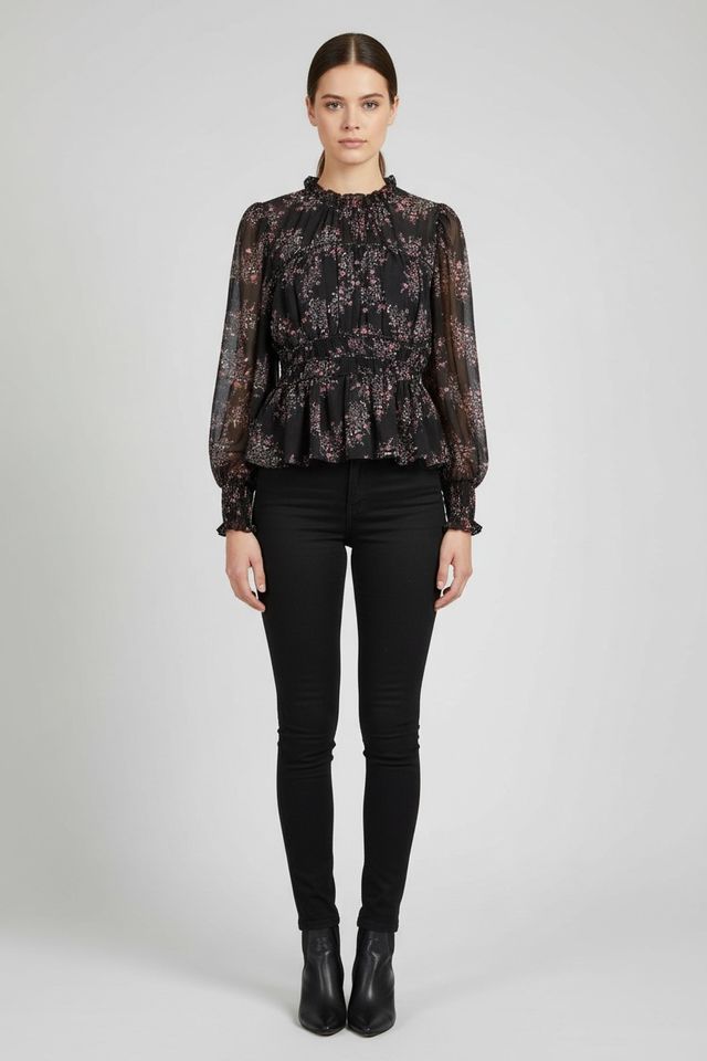 Women Polyester Black Floral Sheer Peplum Top