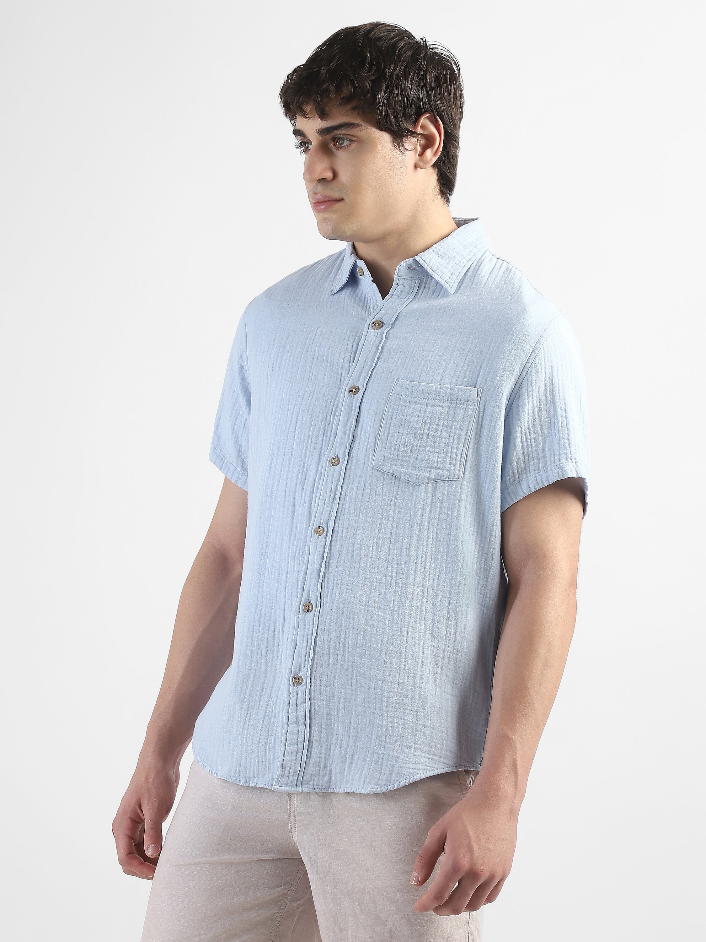 Men Blue Double Cloth Casual Shirt