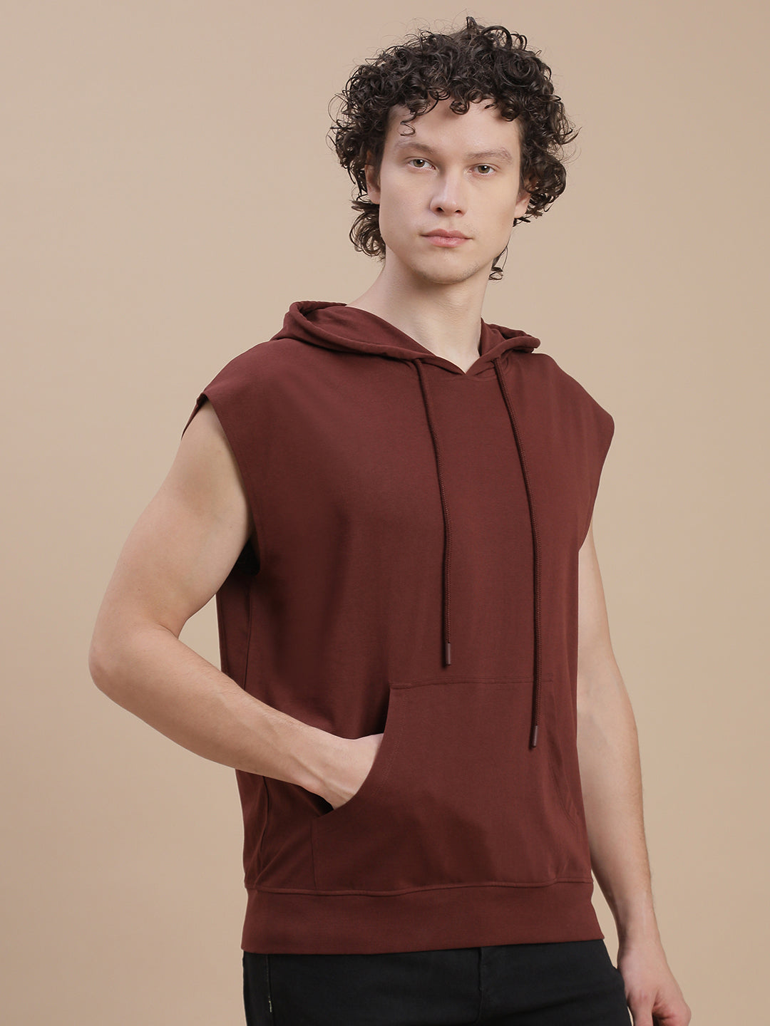 Men Brown Sleeveless Hoodie