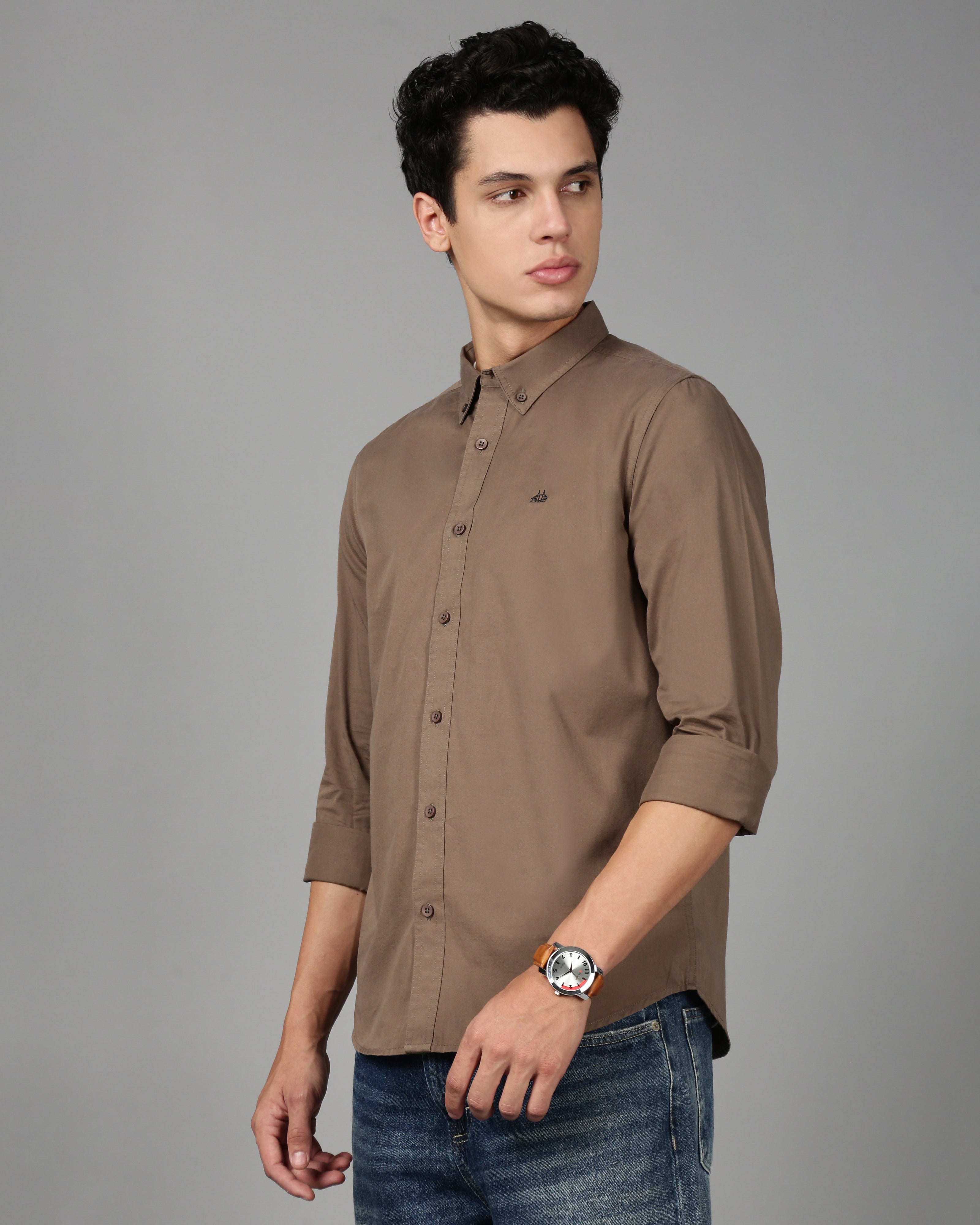 Men Brown Cotton Twill Shirt