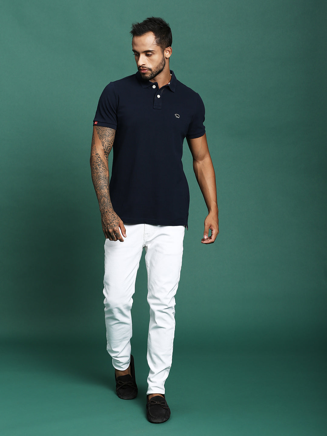 Men Navy Cotton Solid T-Shirt
