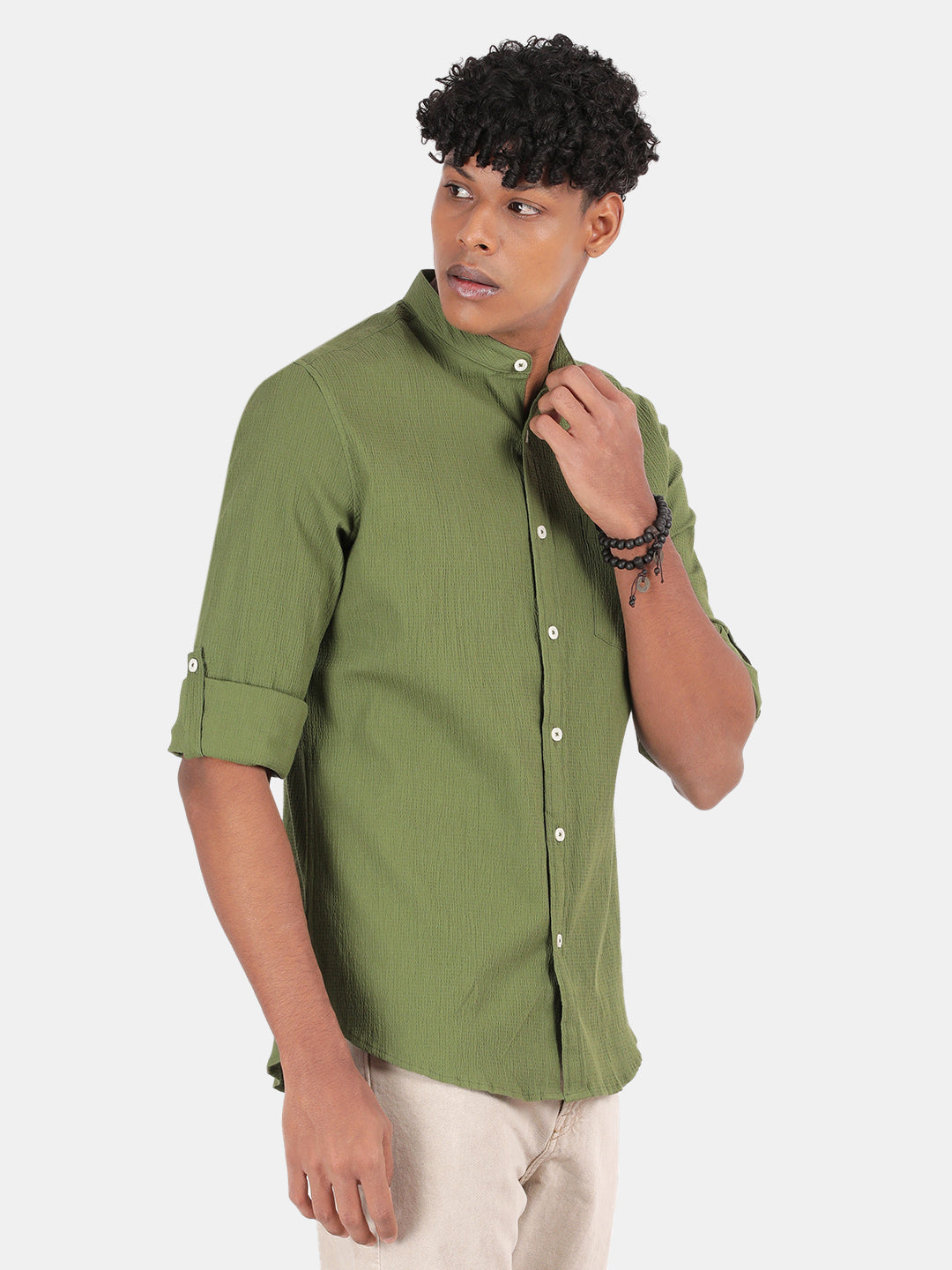 Men Green Slim Fit Mandarin Collar Full Sleeve Casual Shirt