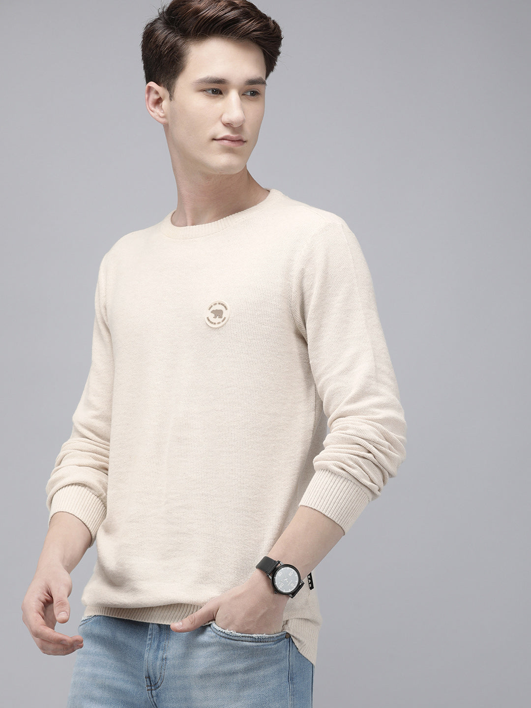 Men Ardor Edition Beige Self-Designed Slim Fit Knitted Pullover