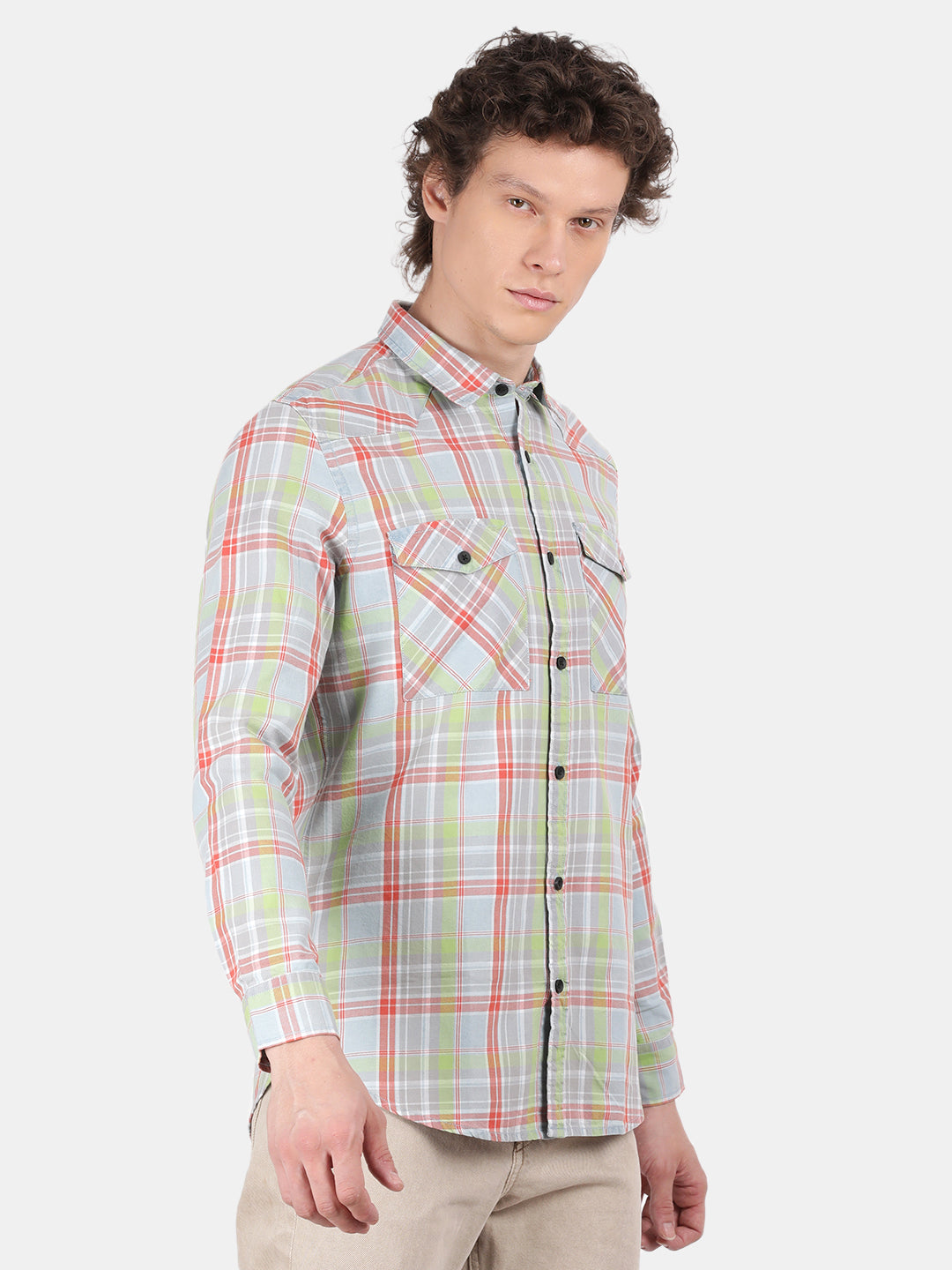 Men Grey Slim Fit Spread Collar Full Sleeve Casual Shirt