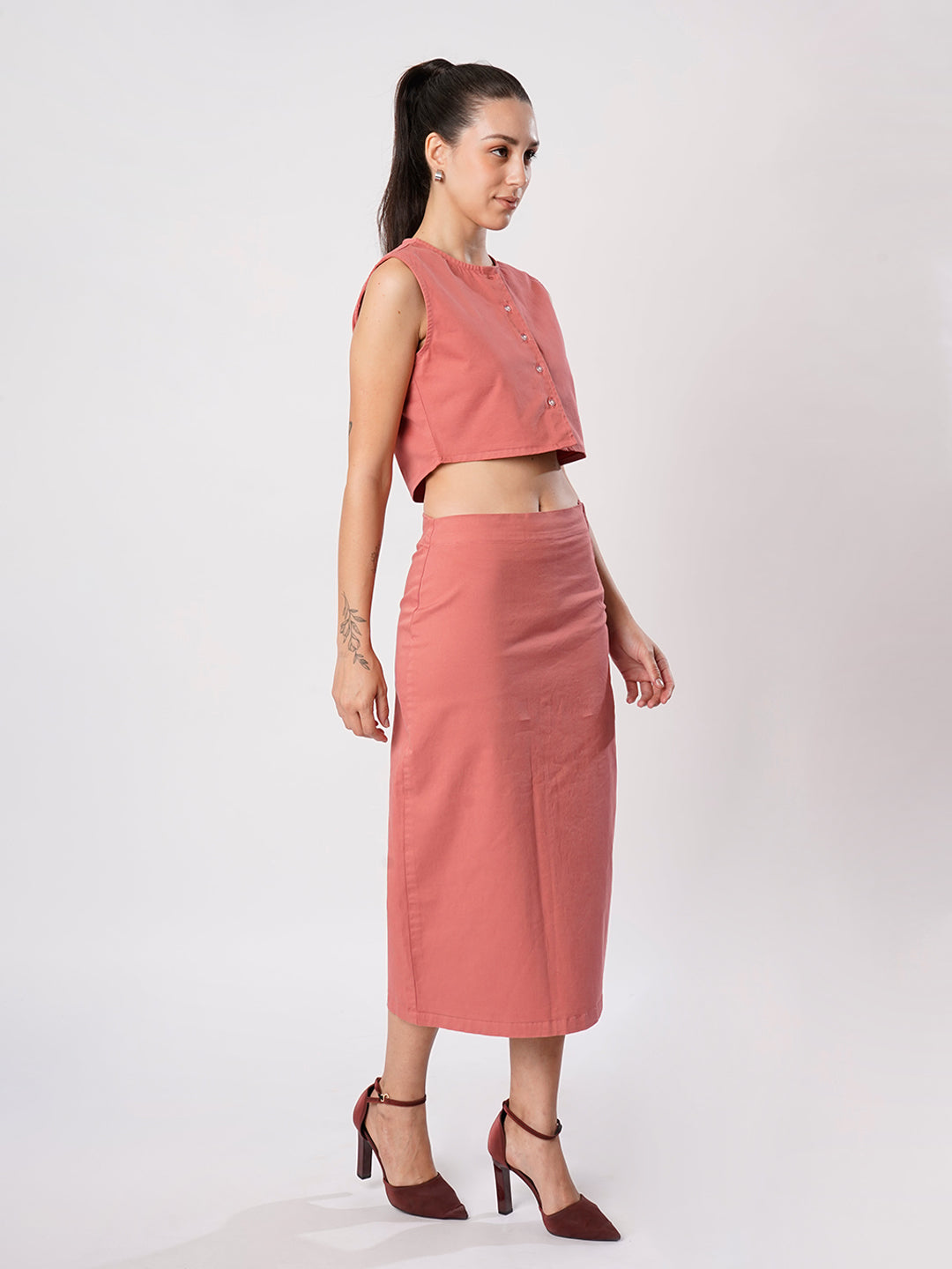 Women Pink Sleeve less top and Skirt Coord Set