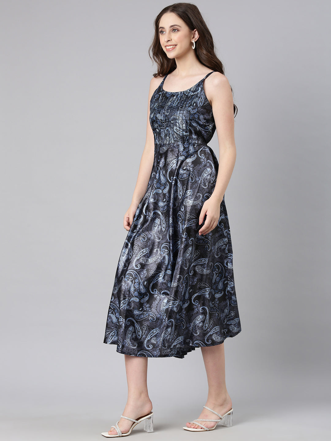 Women Navy Blue Satin Dress