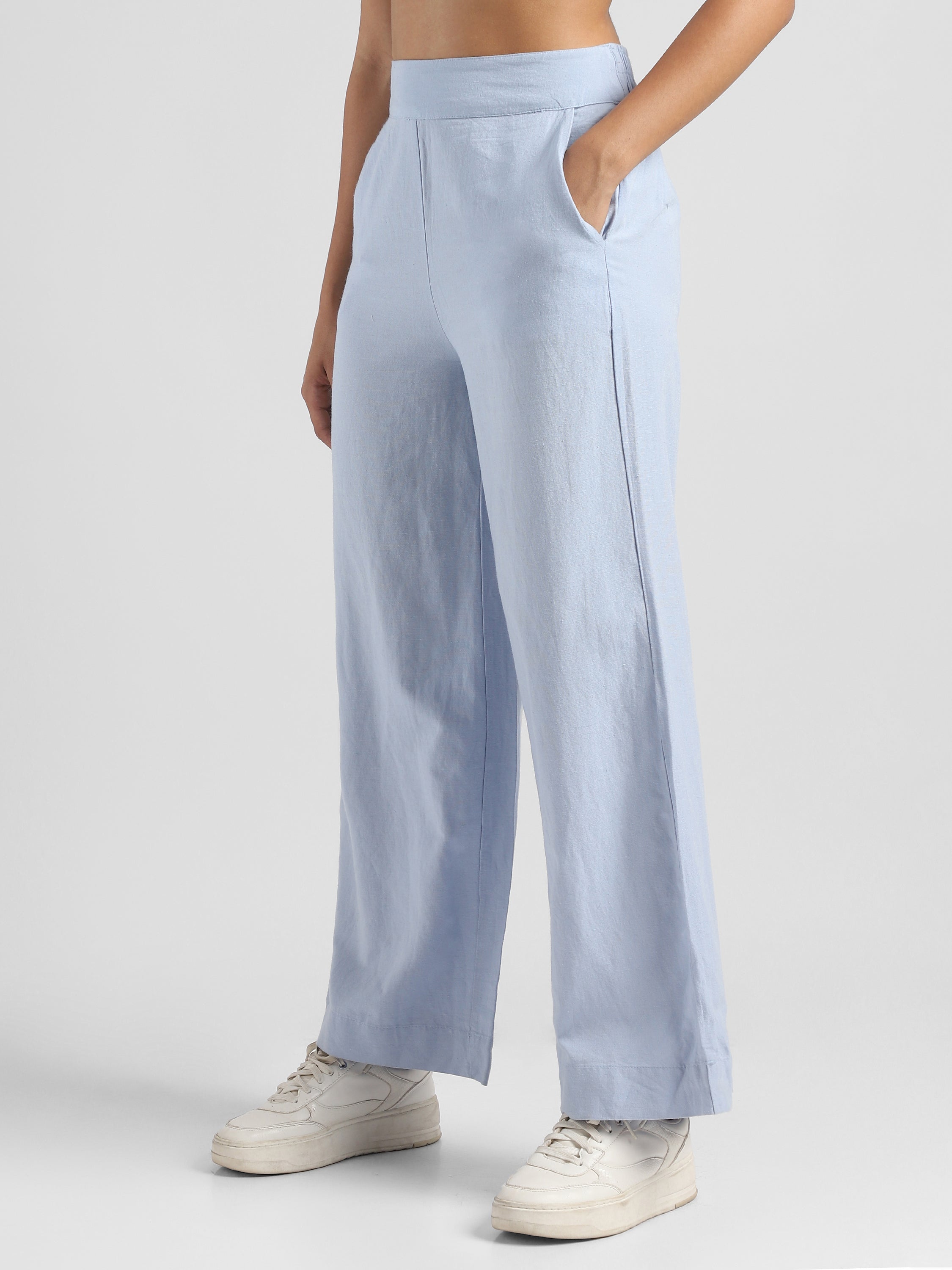 Women Blue Linen Blend Straight Pants