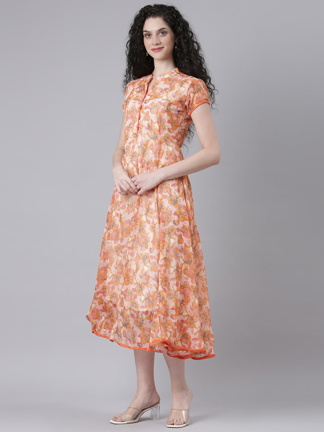 Women Peach Floral Chiffon Dress