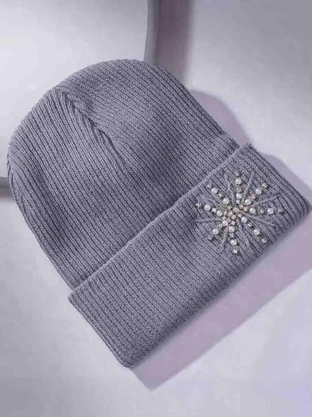 Grey Beanie with Pearls & Crystals