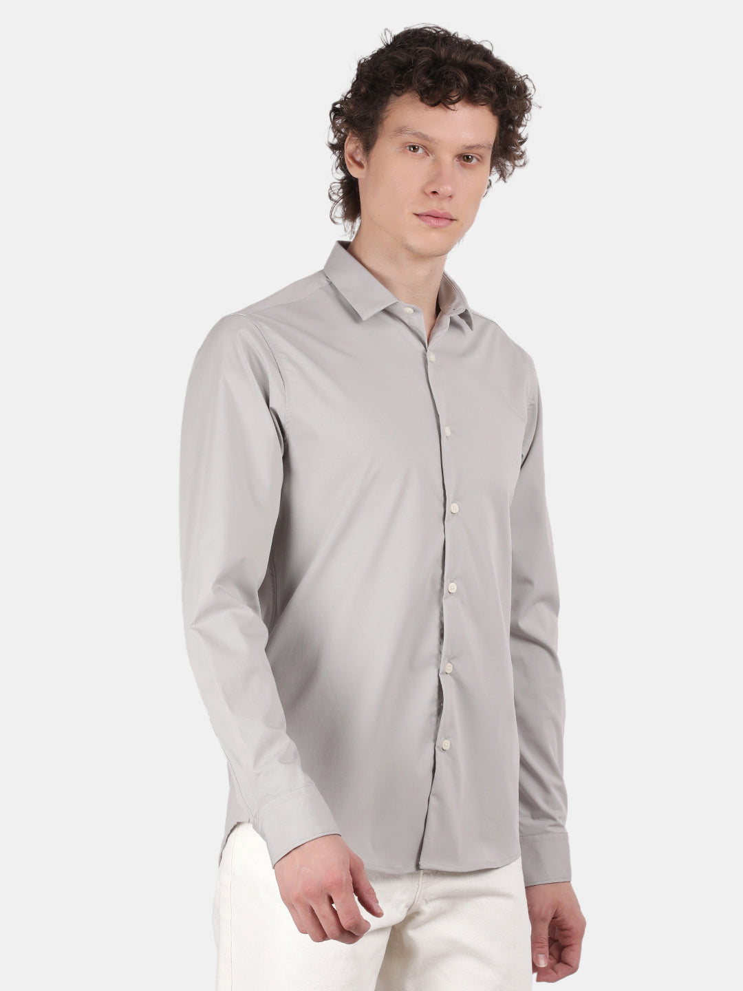Men Silver Slim Fit Spread Collar Full Sleeve Casual Shirt