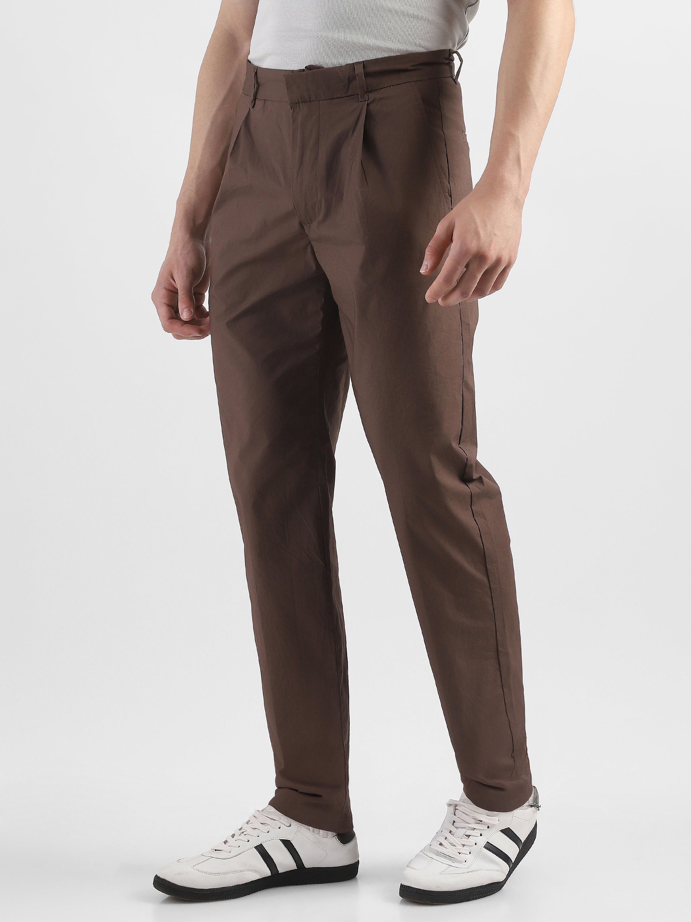 Men Brown Pleated Regular Fit Trouser