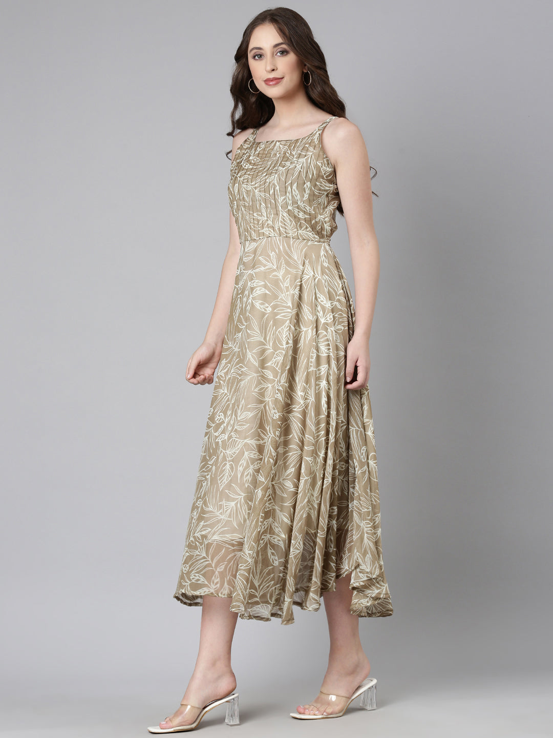 Women Beige Floral Chiffon Dress