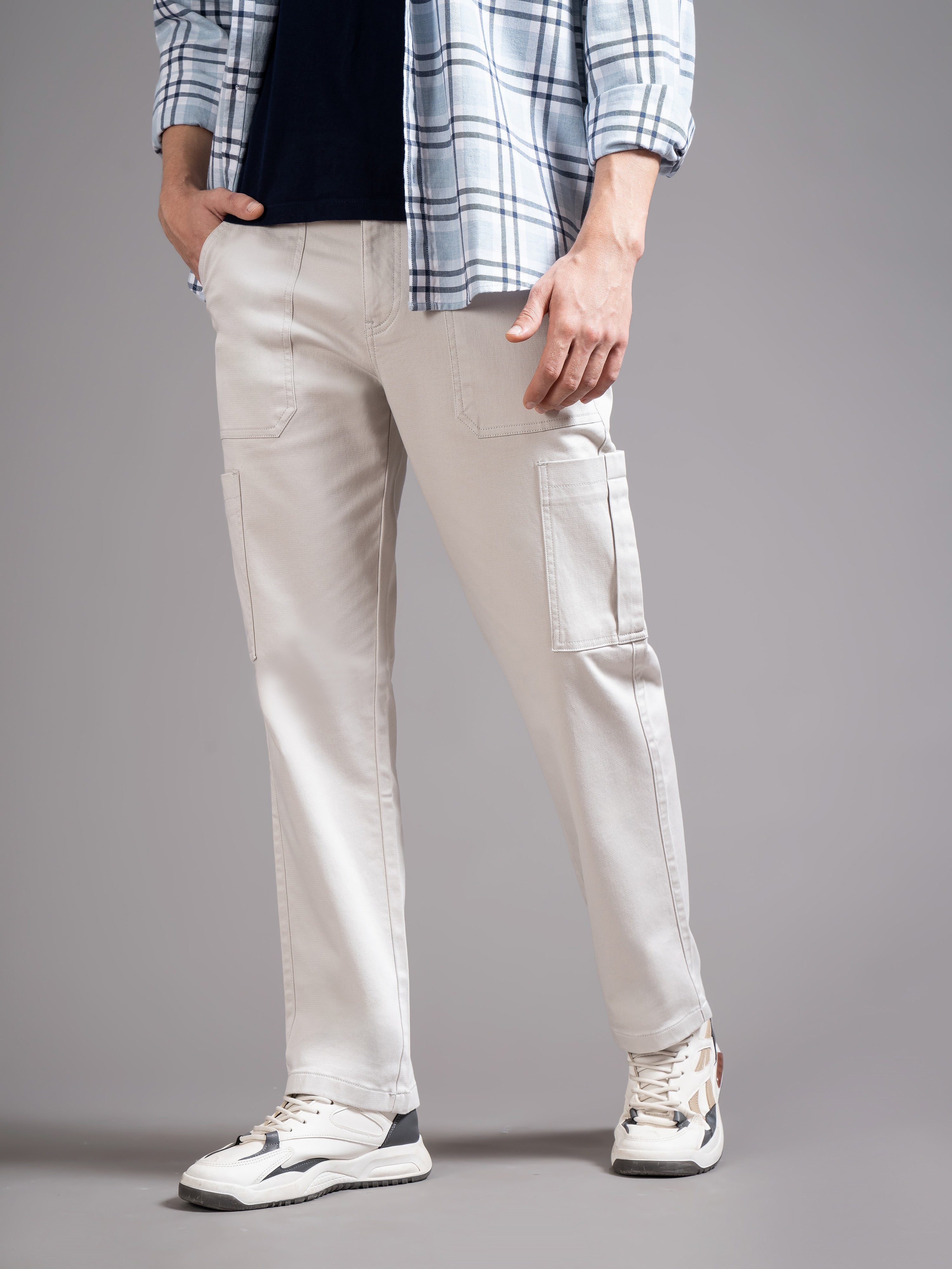 Men Off White Straight Fit Cargo Trouser