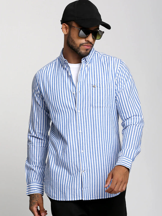 Men Blue Striped Casual Shirt