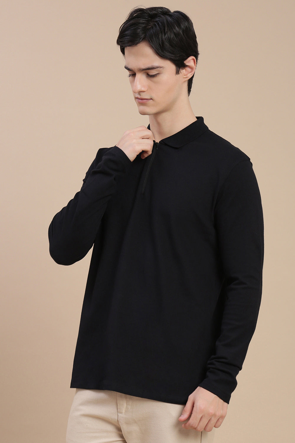 Men Black Bonded Zipper Polo T-Shirt