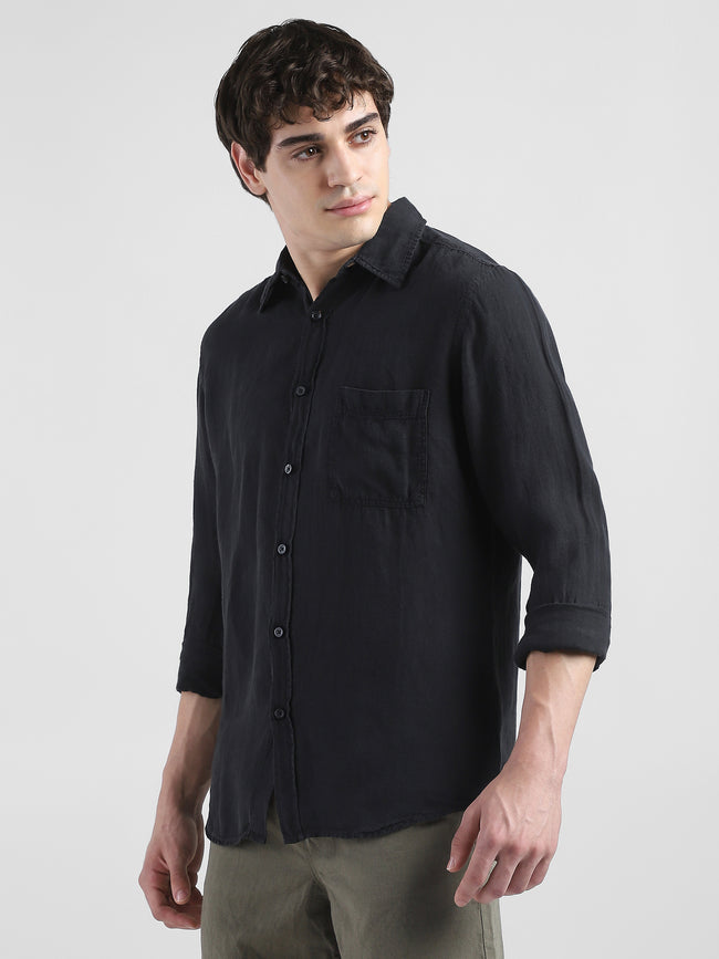 Men 100% Linen Black Regular Fit Shirt
