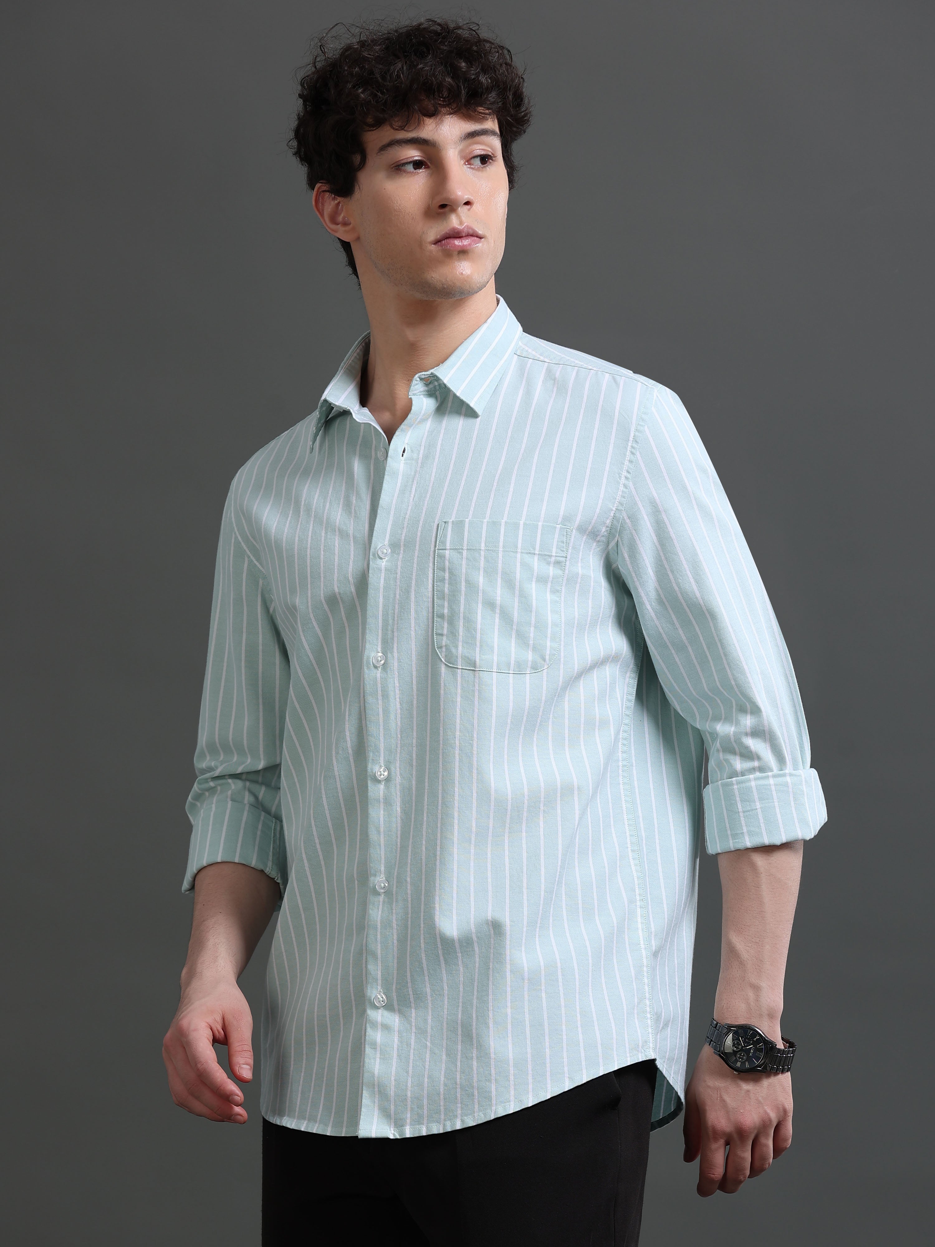 Men Green Striped Shirt