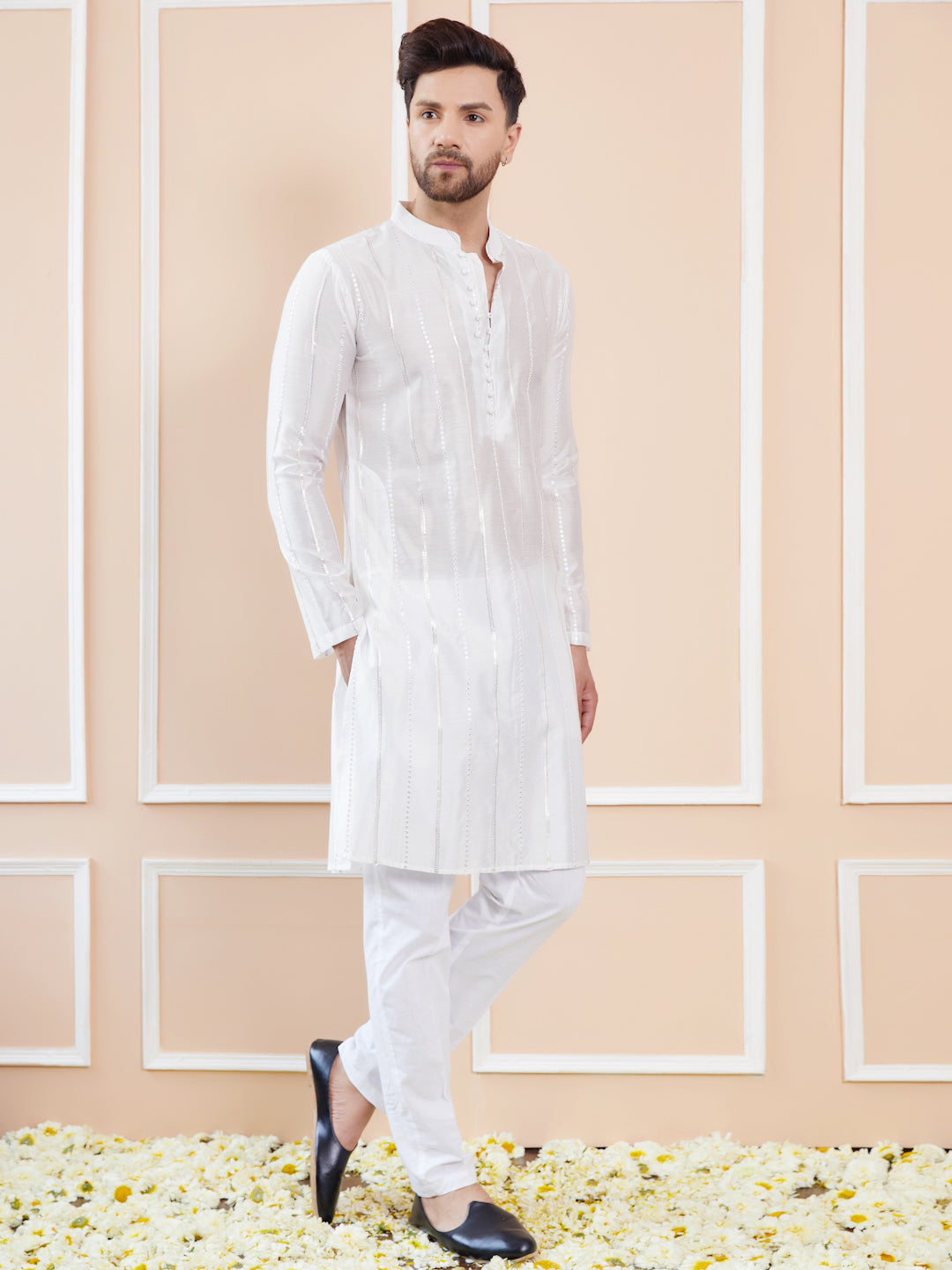 Men Off White Sequins Embroidered Chanderi Silk Kurta