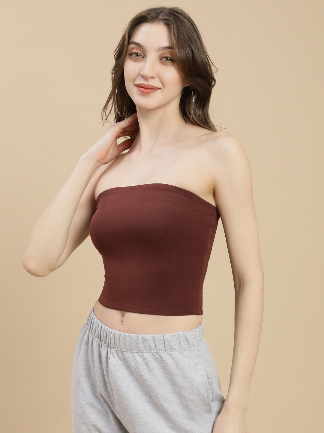 Women Brown Ruched Tube Top