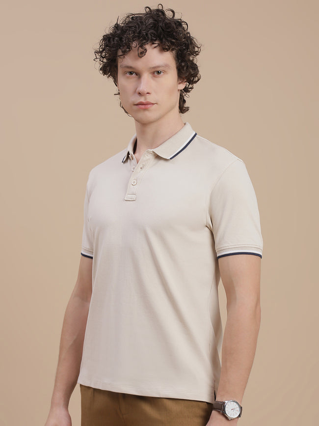 Men Beige Basic Polo T-Shirt