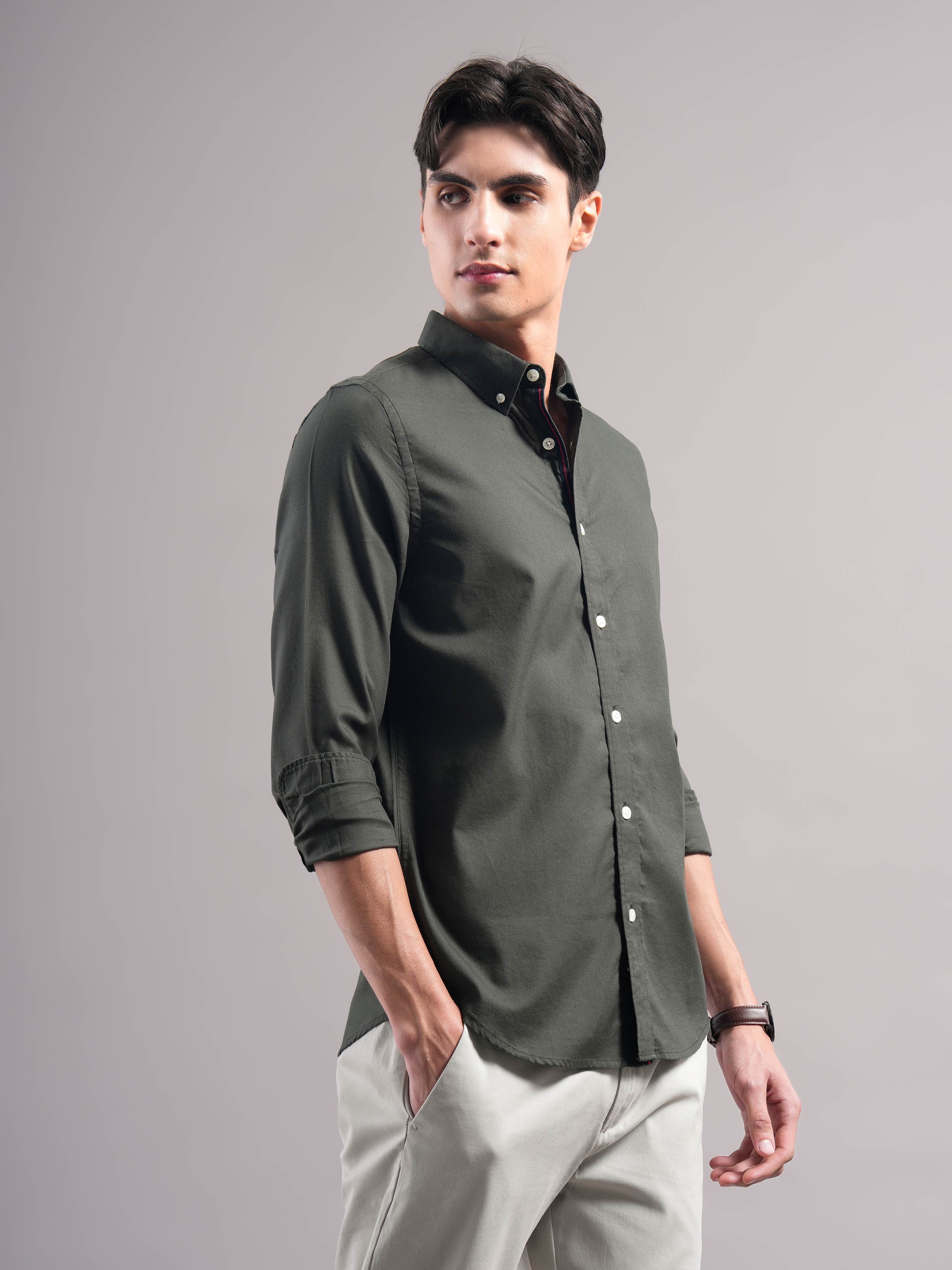 Men Olive Solid Casual Shirt