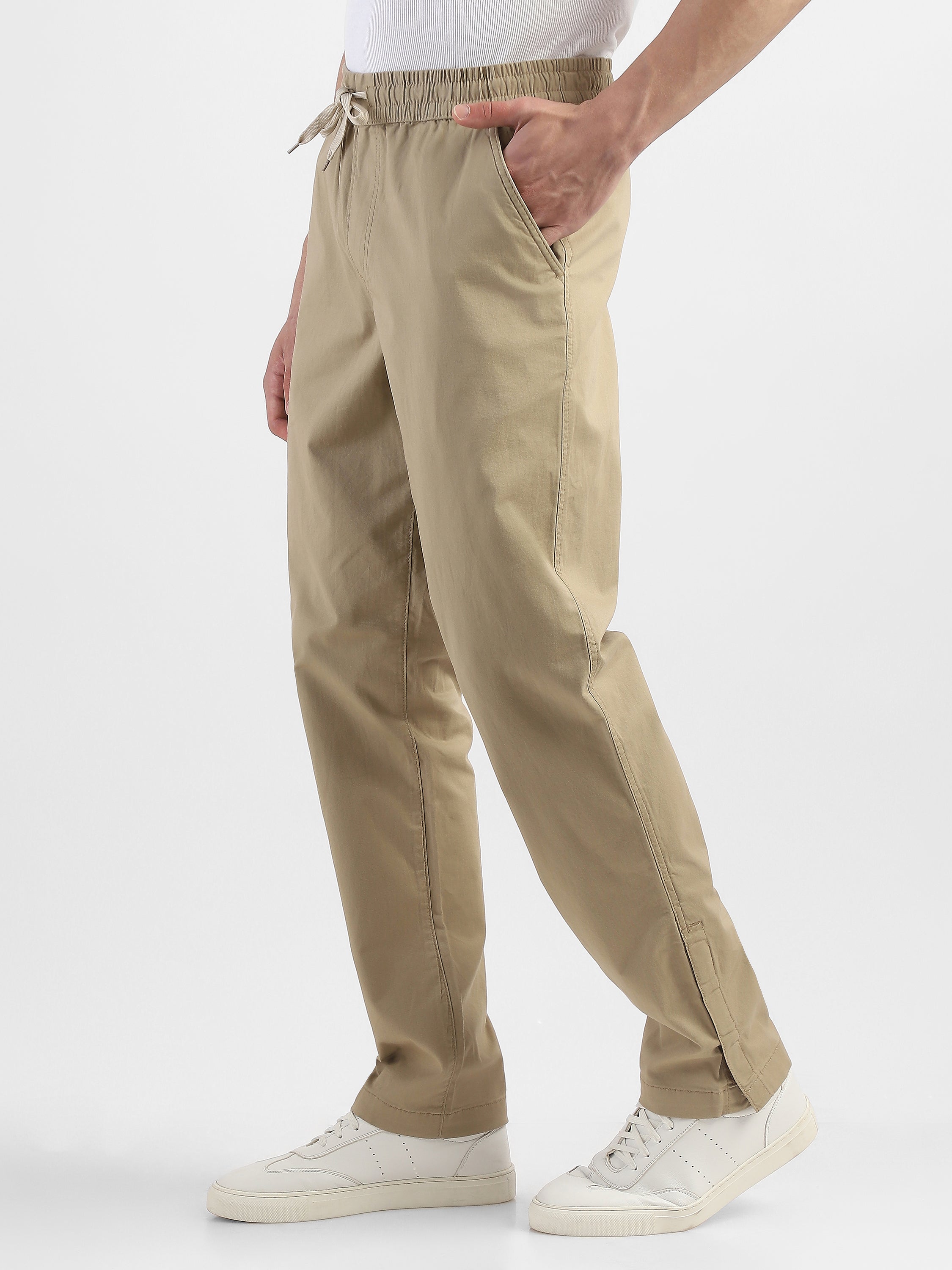 Men Beige Mid Rise Cotton Blend Pants