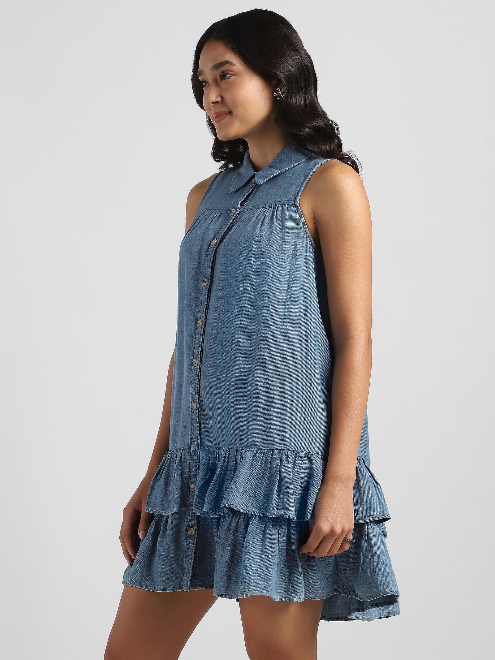 Women Blue Denim dress with bottom Frill