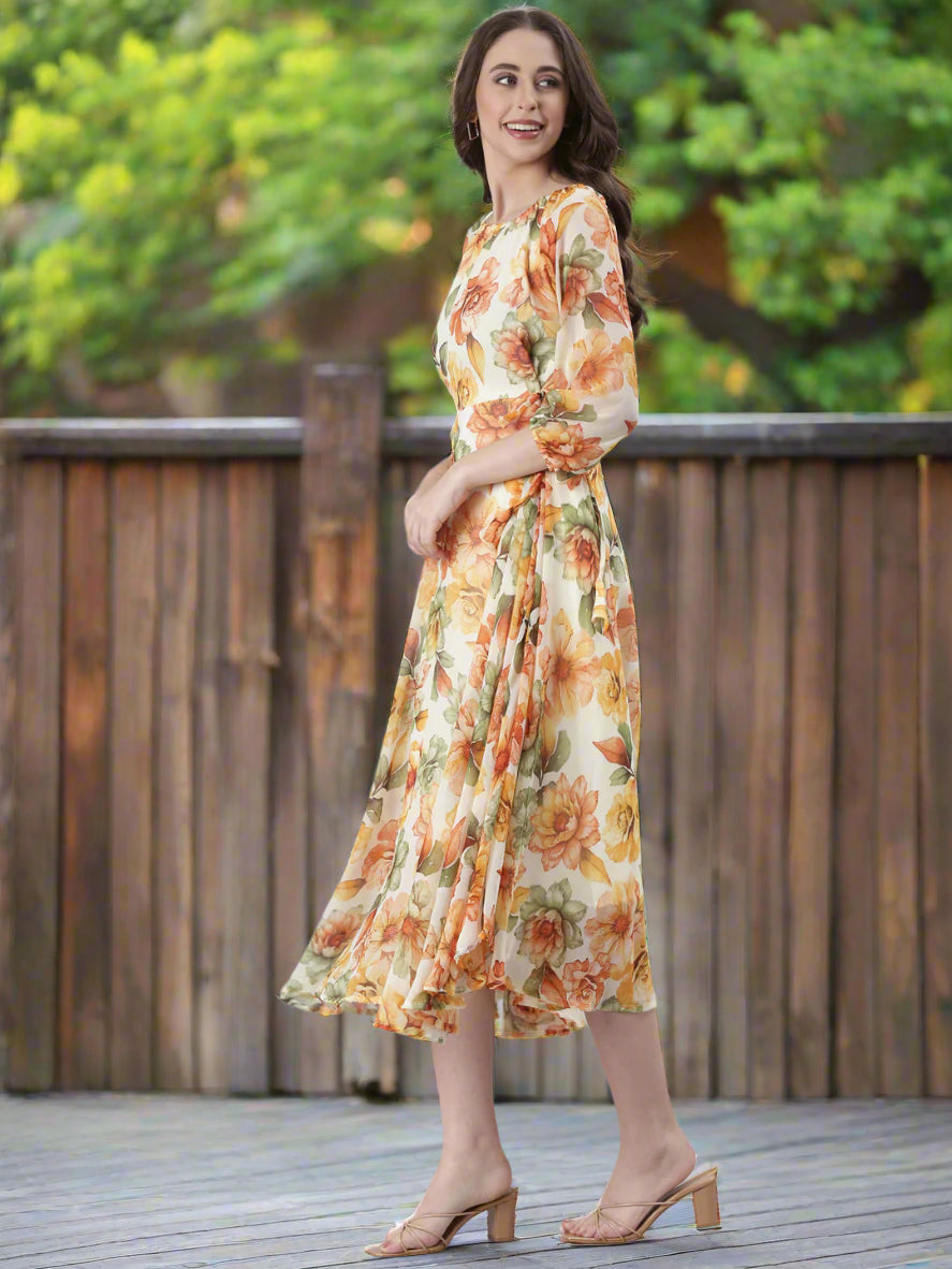 Women Cream Floral Chiffon Dress