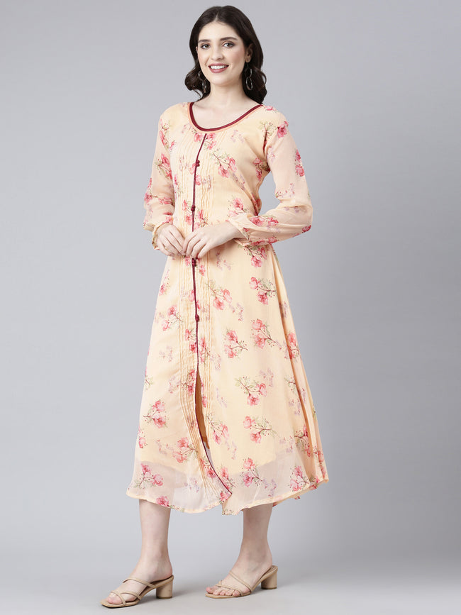 Women Peach Floral Chiffon Dress
