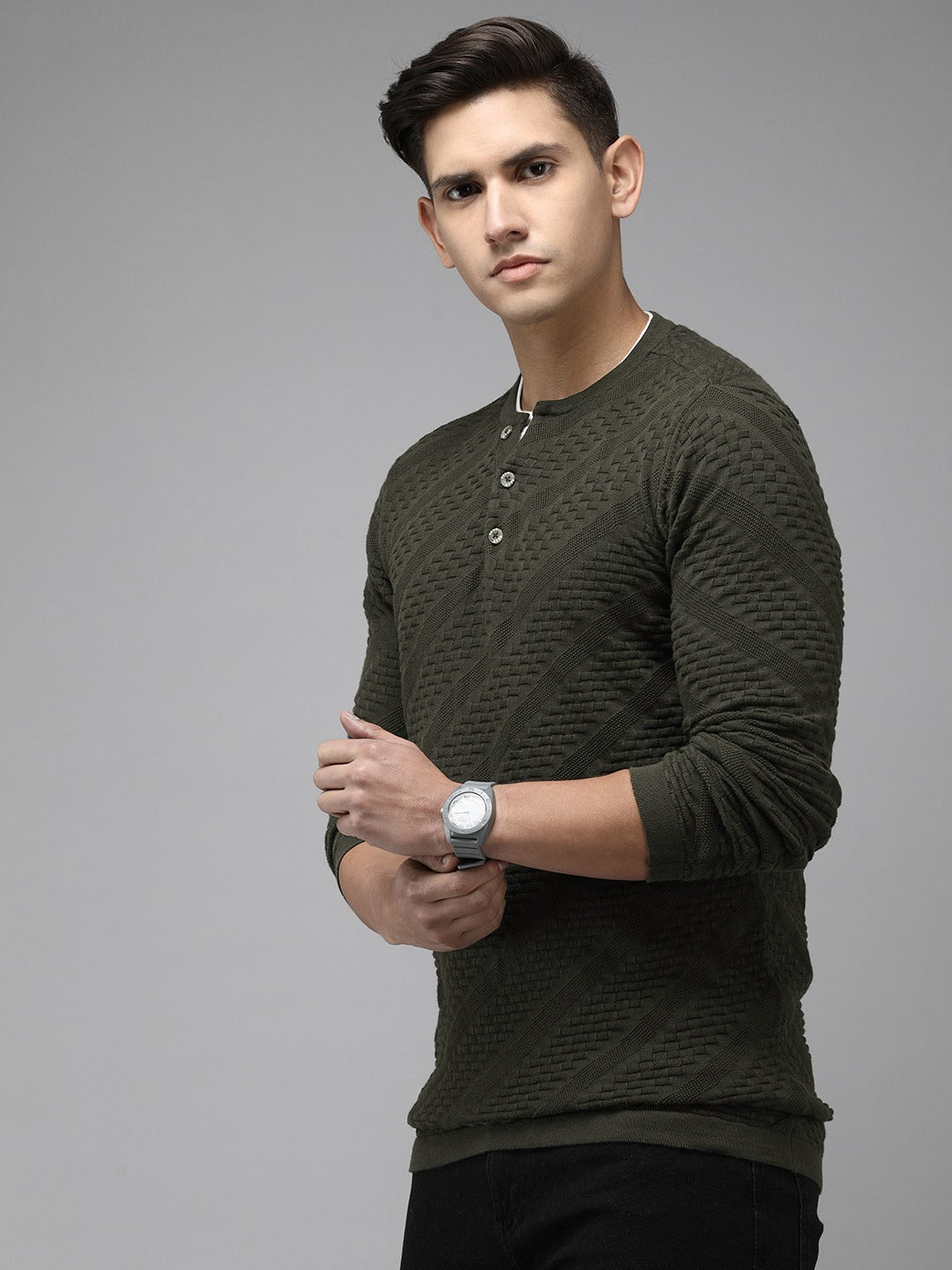 Men Ardor Edition Green Self Design Pure Cotton Knitted Pullover Sweatshirt