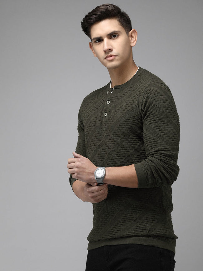 Men Ardor Edition Green Self Design Pure Cotton Knitted Pullover Sweatshirt