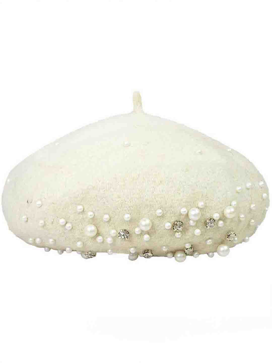 White Beret with Pearls & Crystals