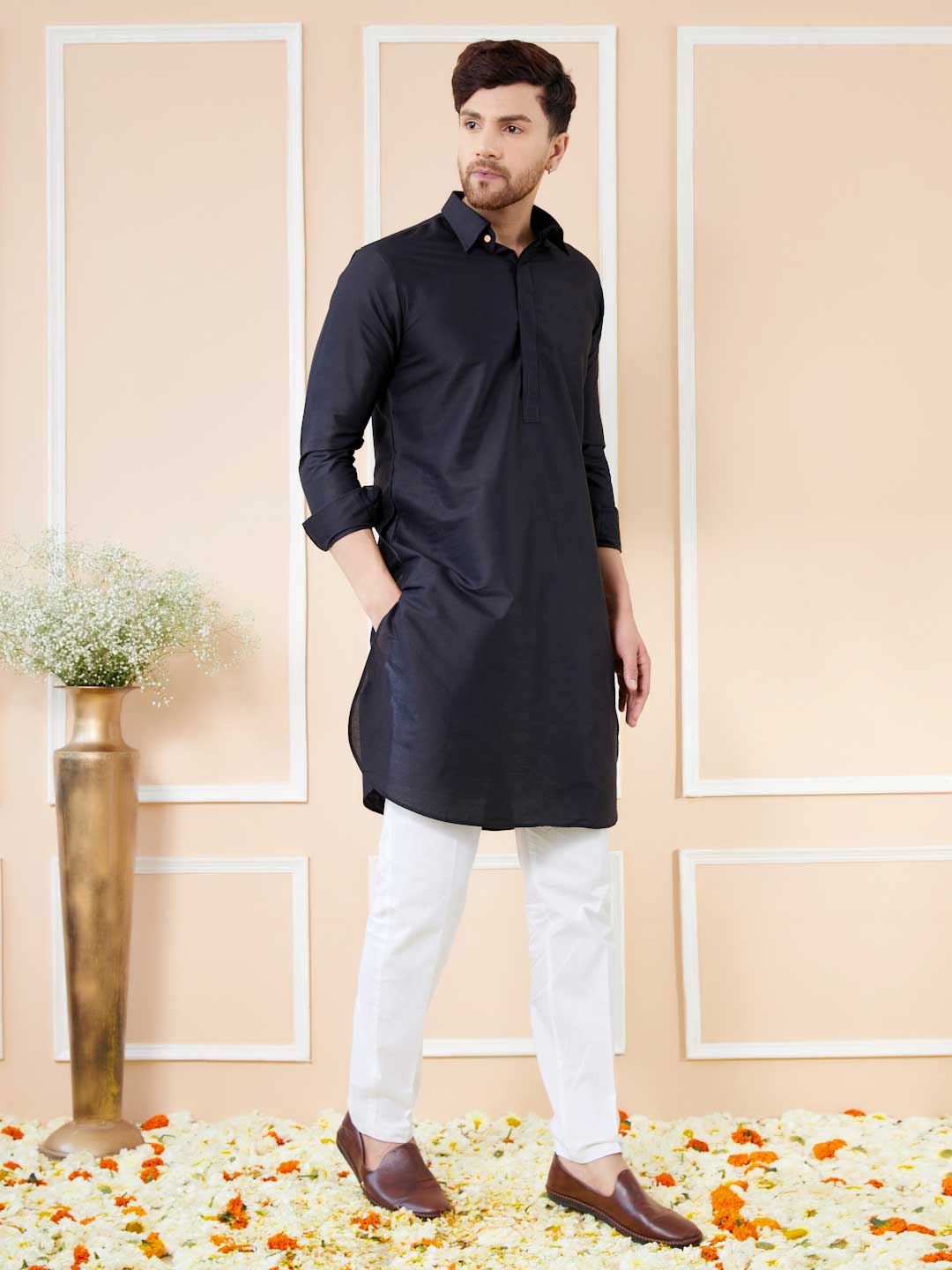 Men Black Cotton Solid Pathani Kurta