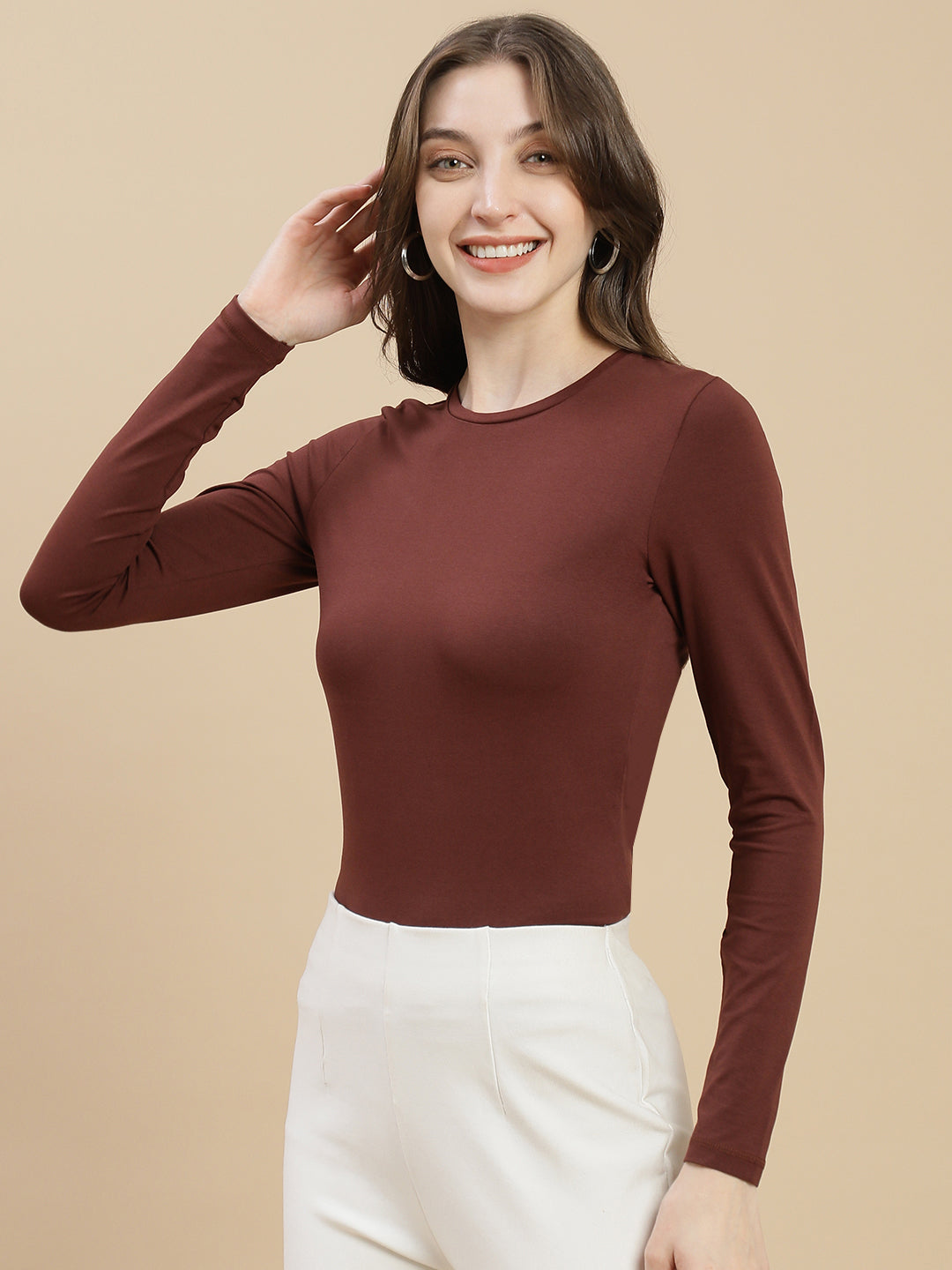 Women Brown Crew Neck Top