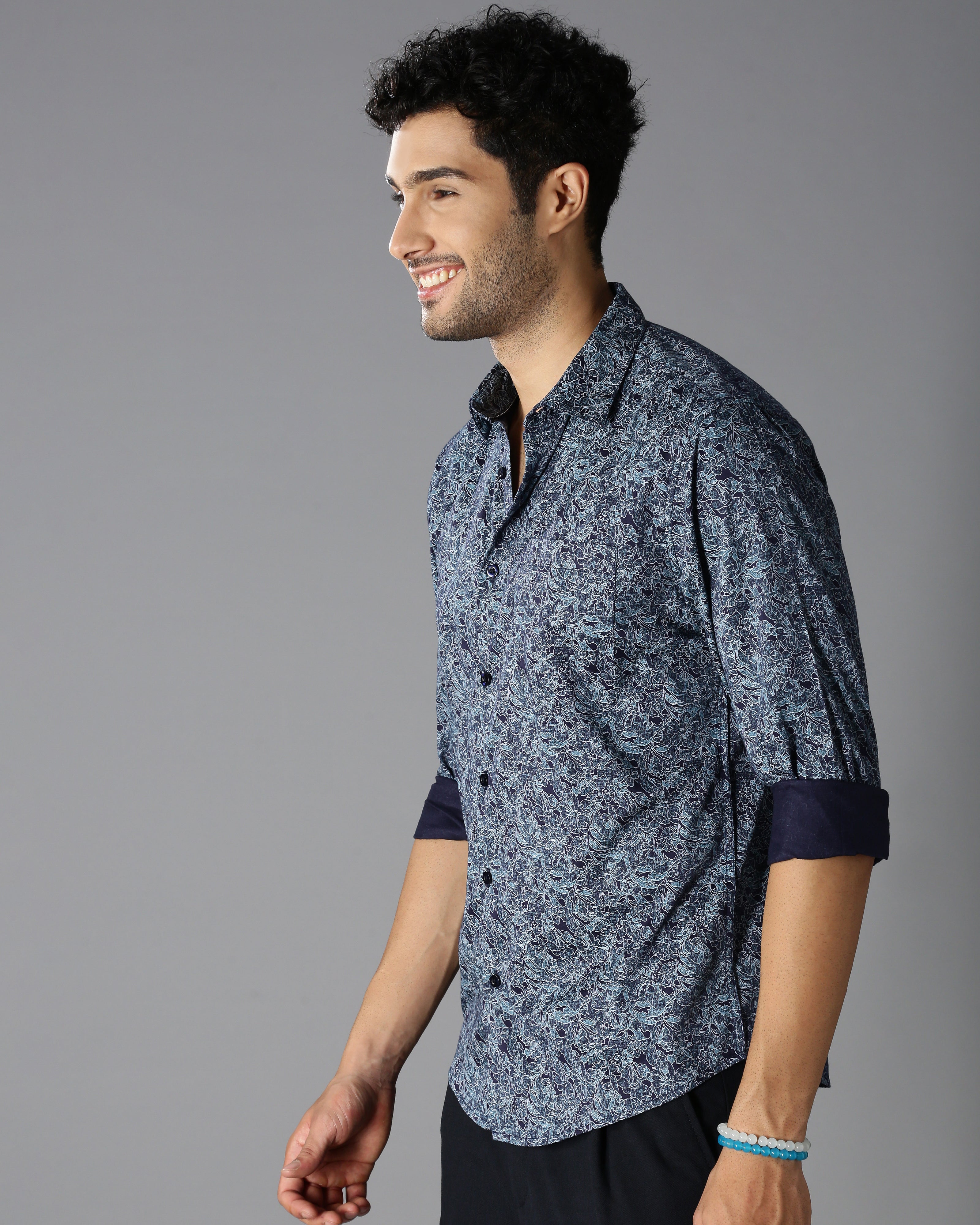 Men Blue Cotton Slim Shirt