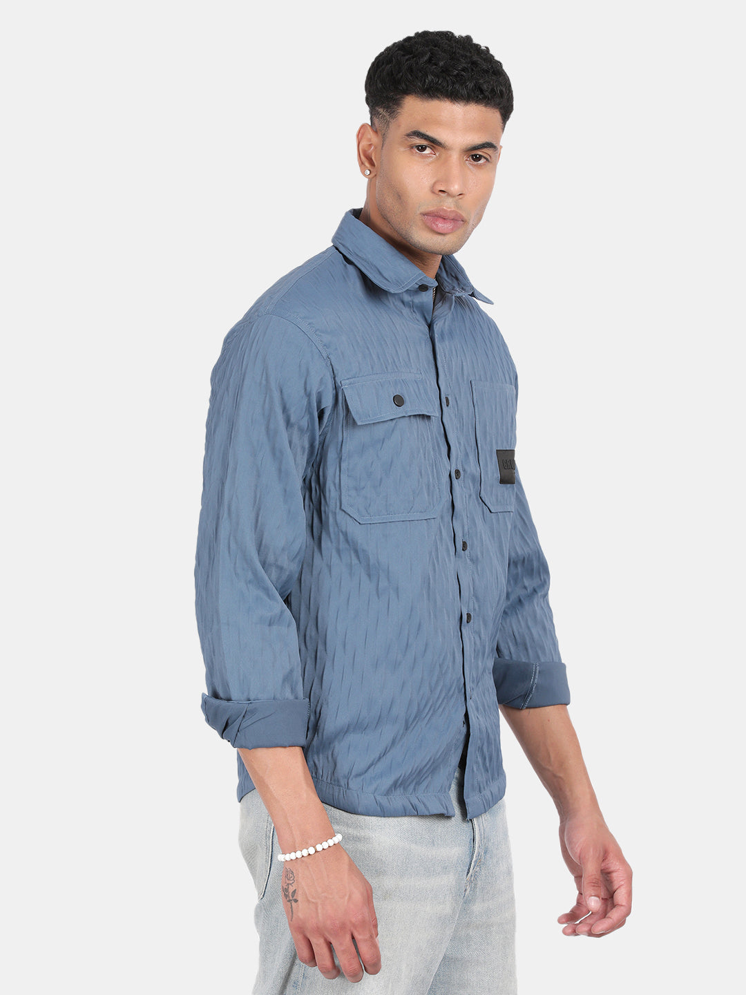 Men Blue Slim Fit Spread Collar Full Sleeve Casual Shirt