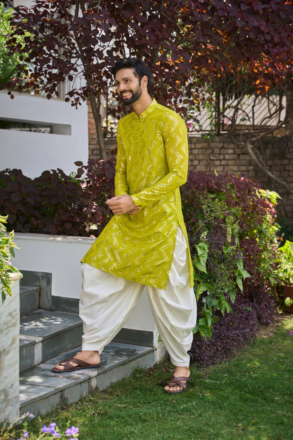 Men Lime Sequins Kurta
