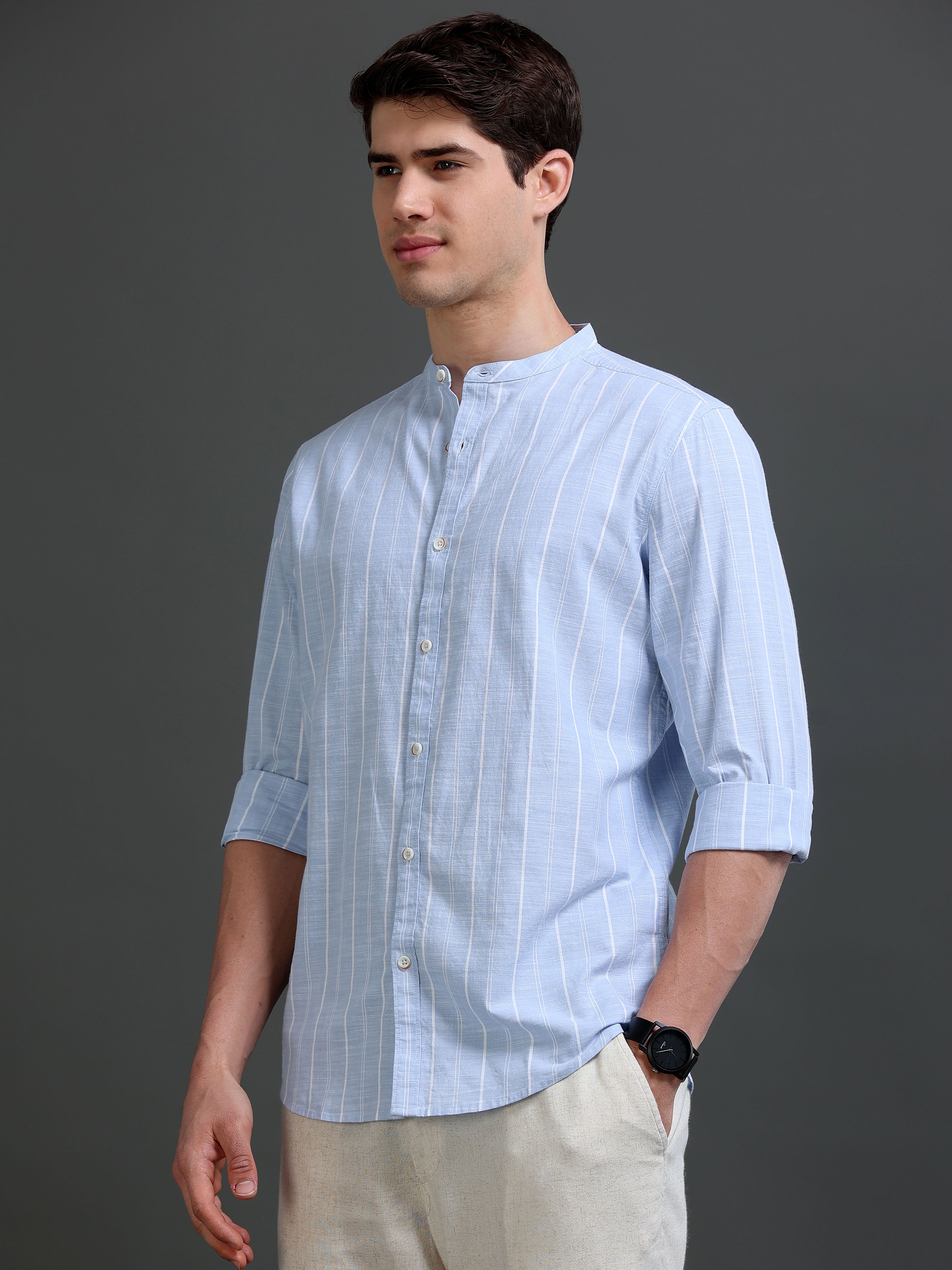 Men Blue Striped Cotton Shirt