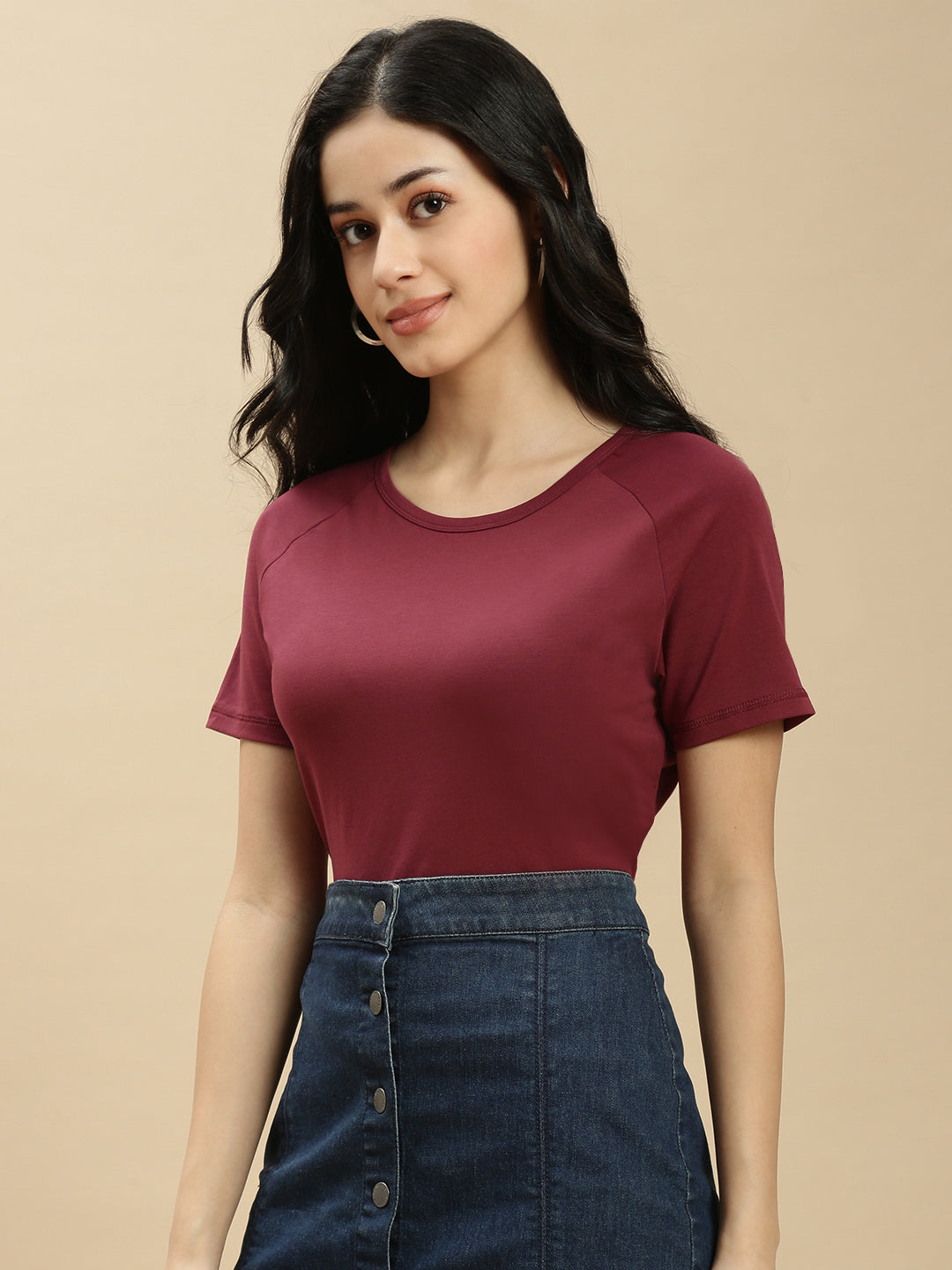 Women Burgundy Half Sleeve Top