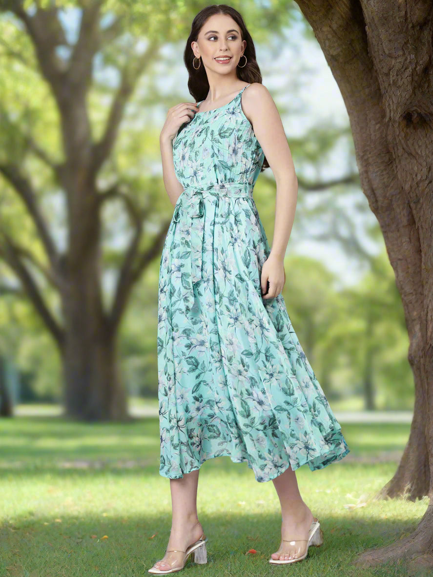 Women Blue Floral Chiffon Dress