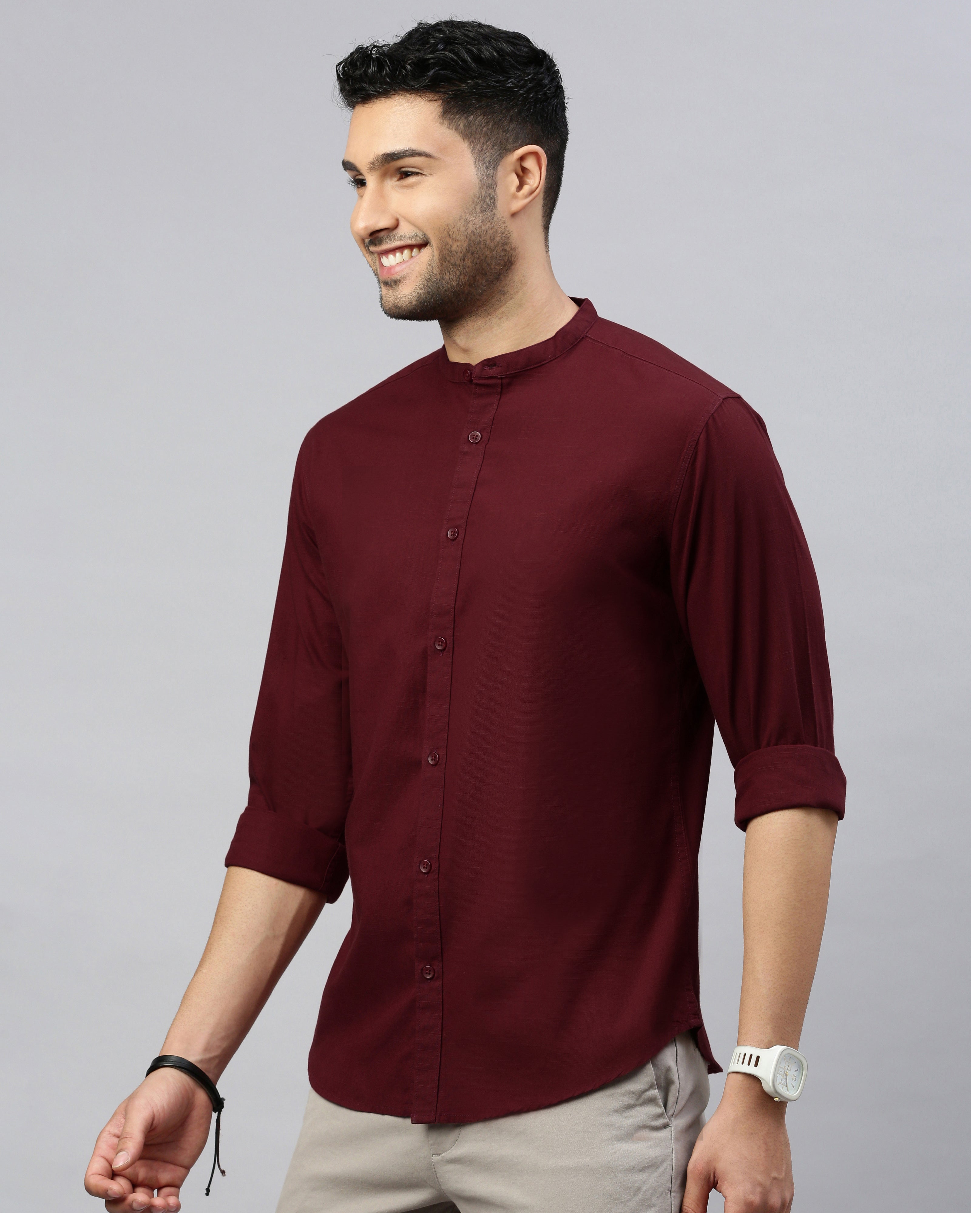 Men Maroon Cotton Slim Shirt