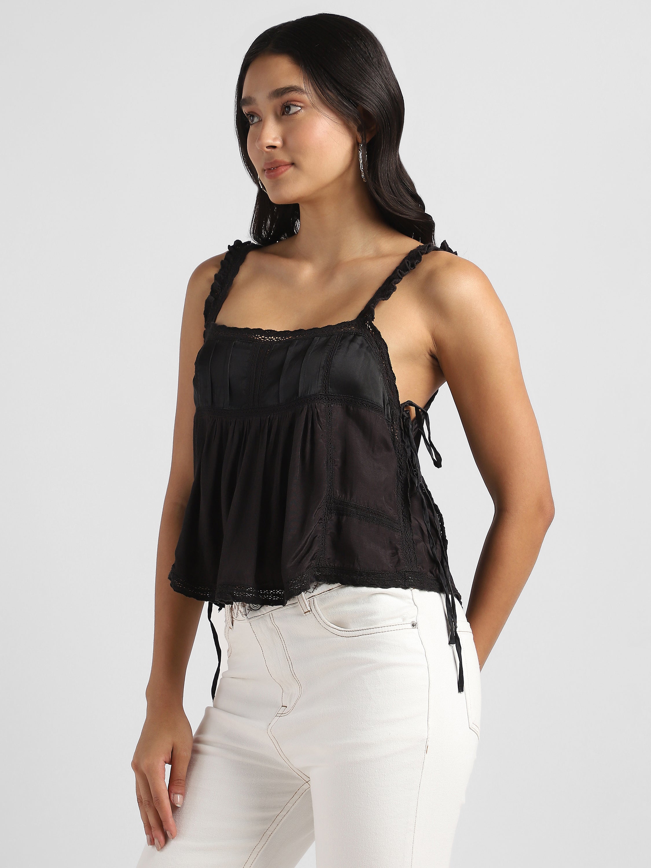 Women Black Satin Top with Lace Inserts