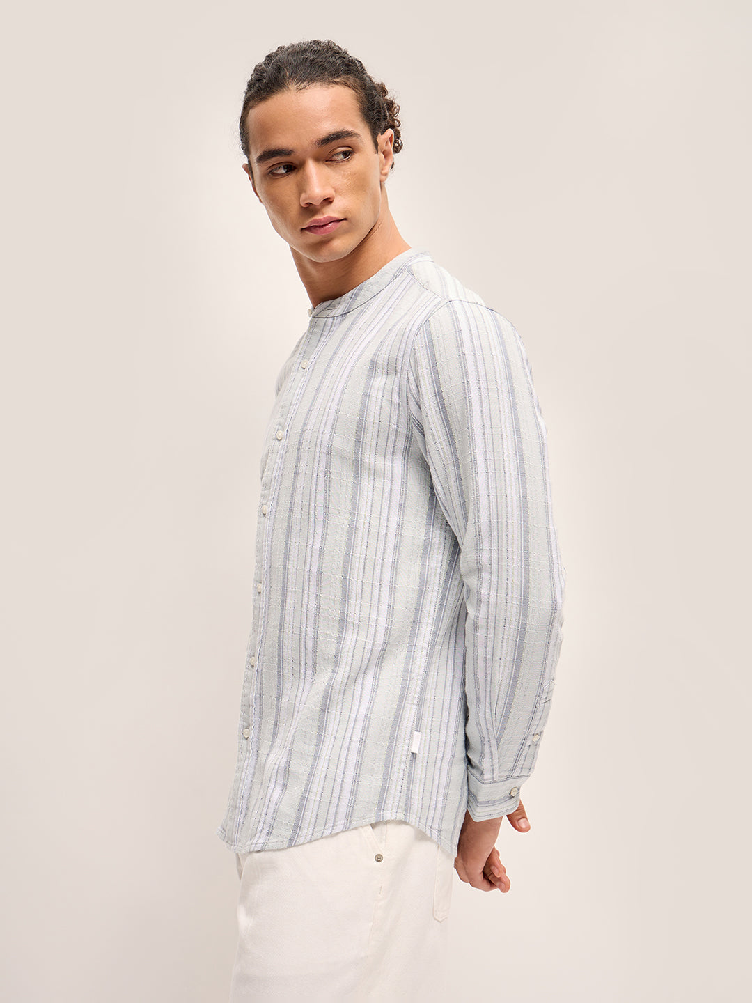 Men Light Blue Stripe Slim Fit Casual Shirt