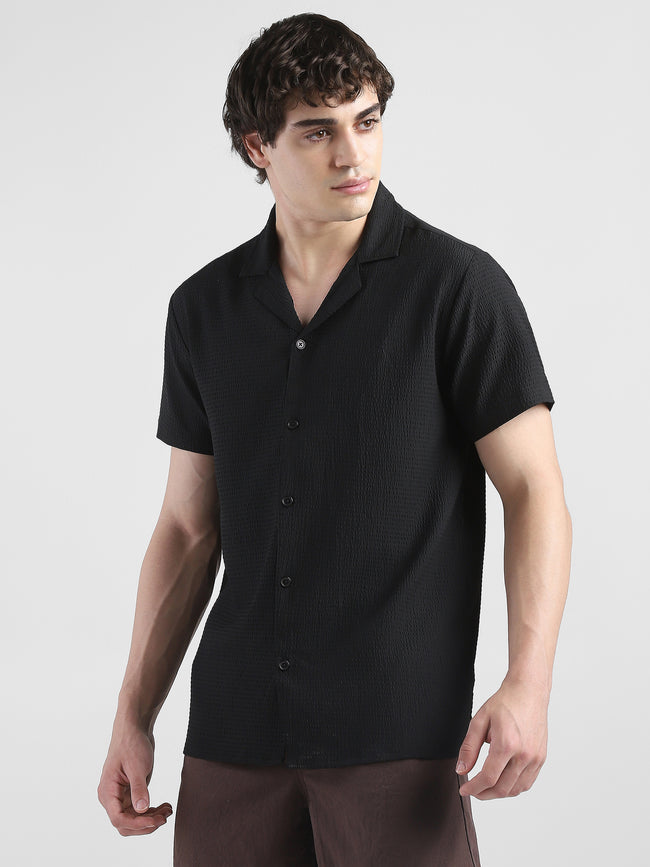 Men Textured Casual Black Shirt