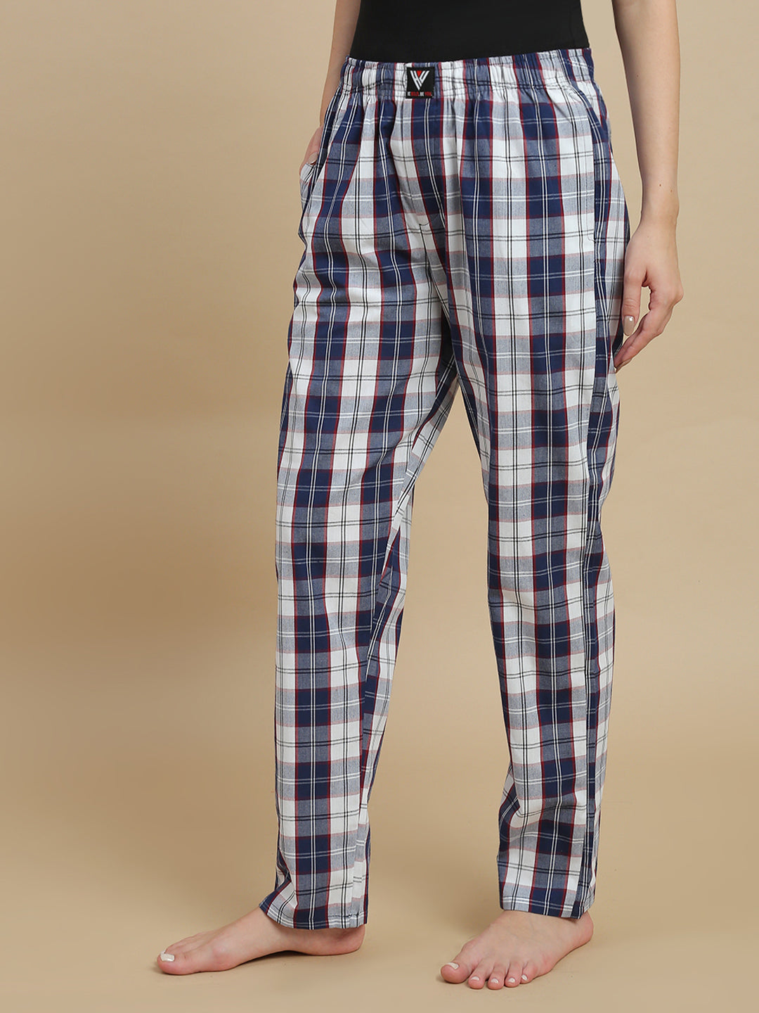 Women Navy & White Checked Cotton Pyjamas